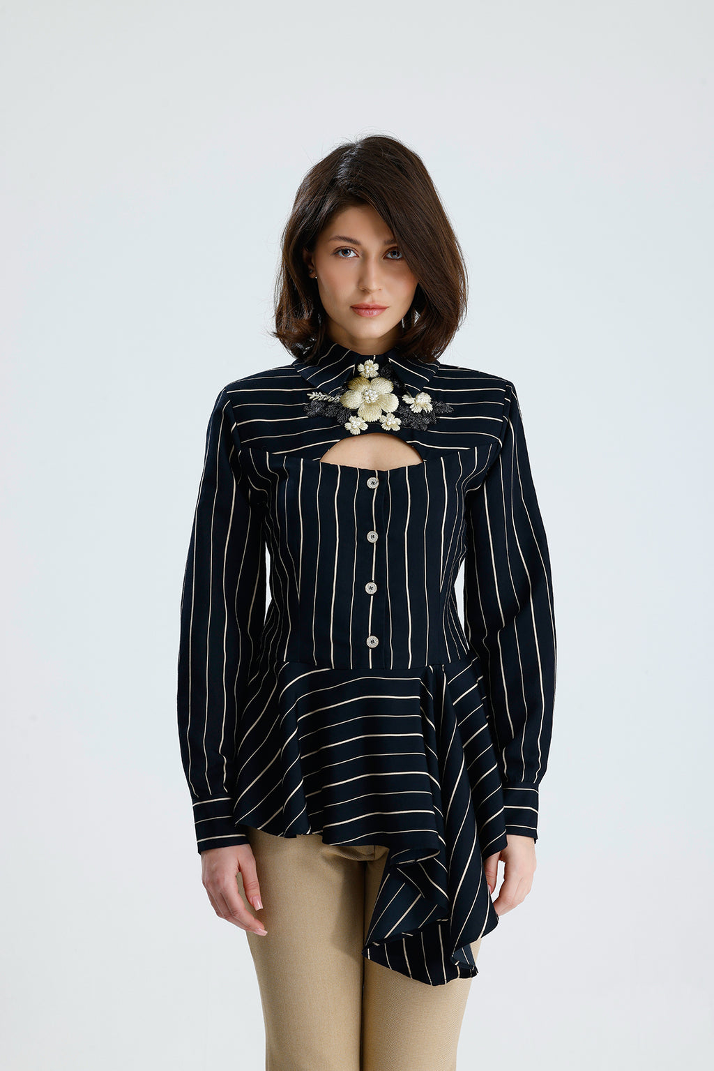 Embellished Cut-Out Striped Blouse