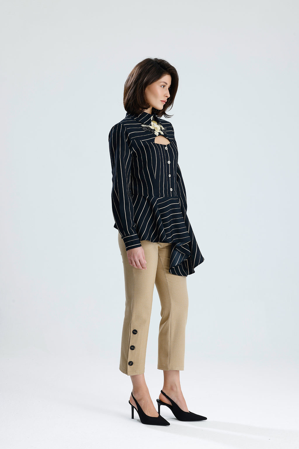 Embellished Cut-Out Striped Blouse
