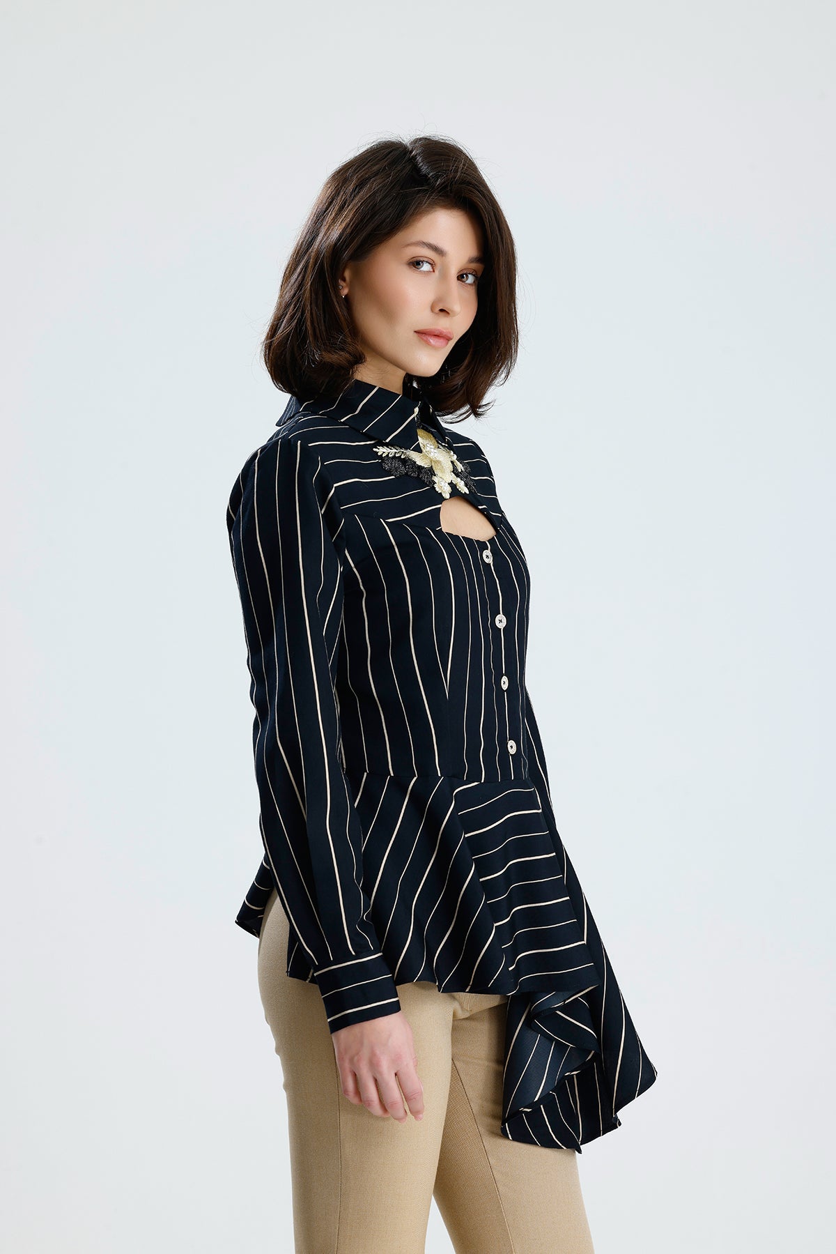 Embellished Cut-Out Striped Blouse