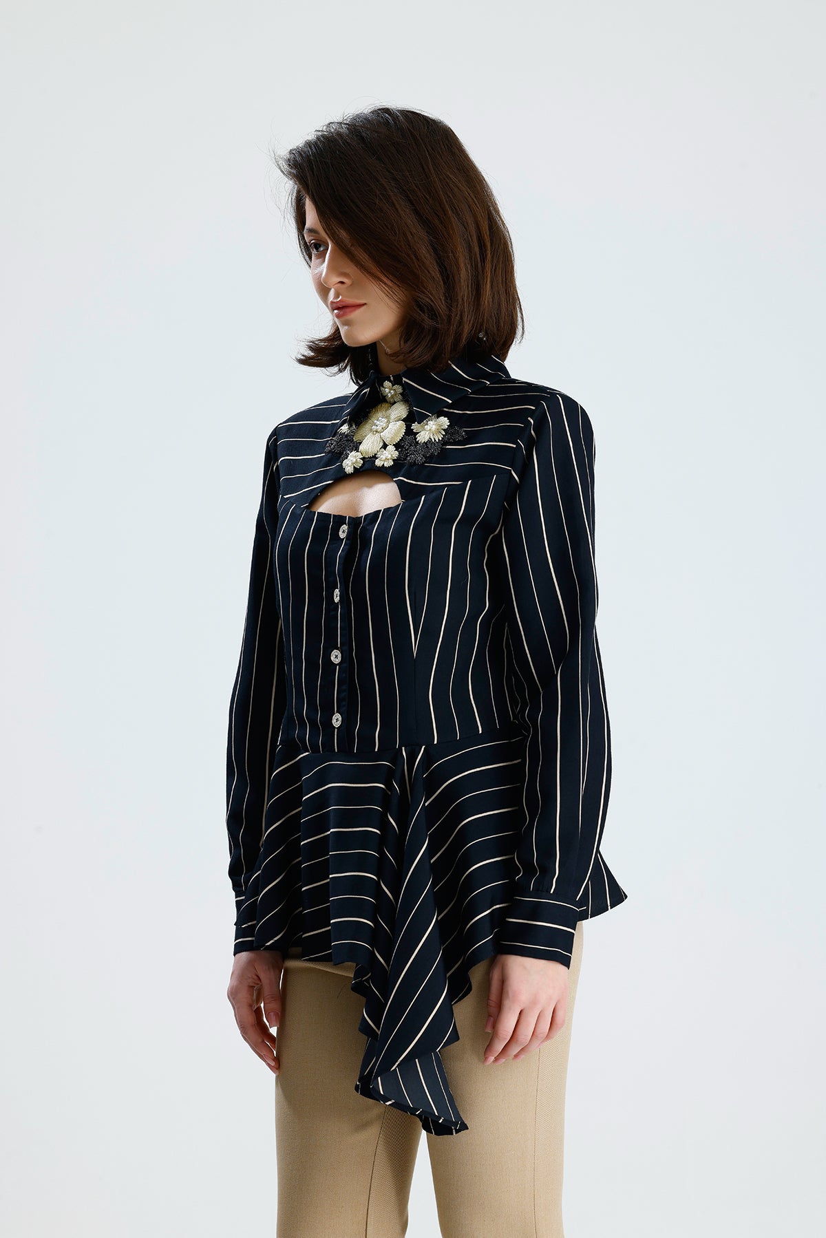 Embellished Cut-Out Striped Blouse