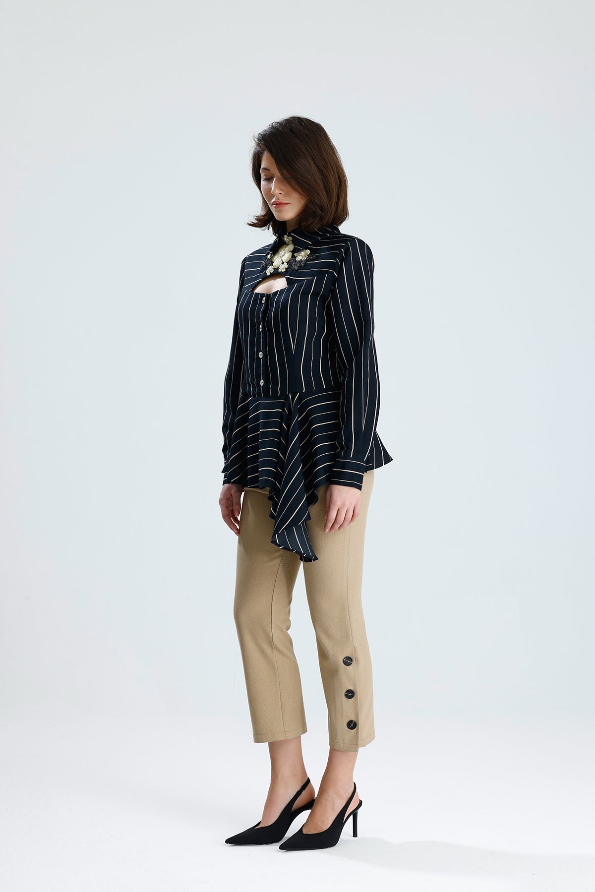 Embellished Cut-Out Striped Blouse