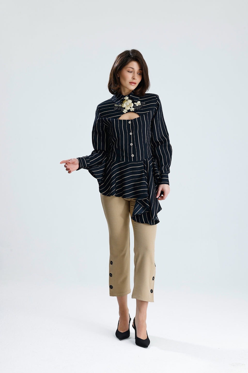 Embellished Cut-Out Striped Blouse