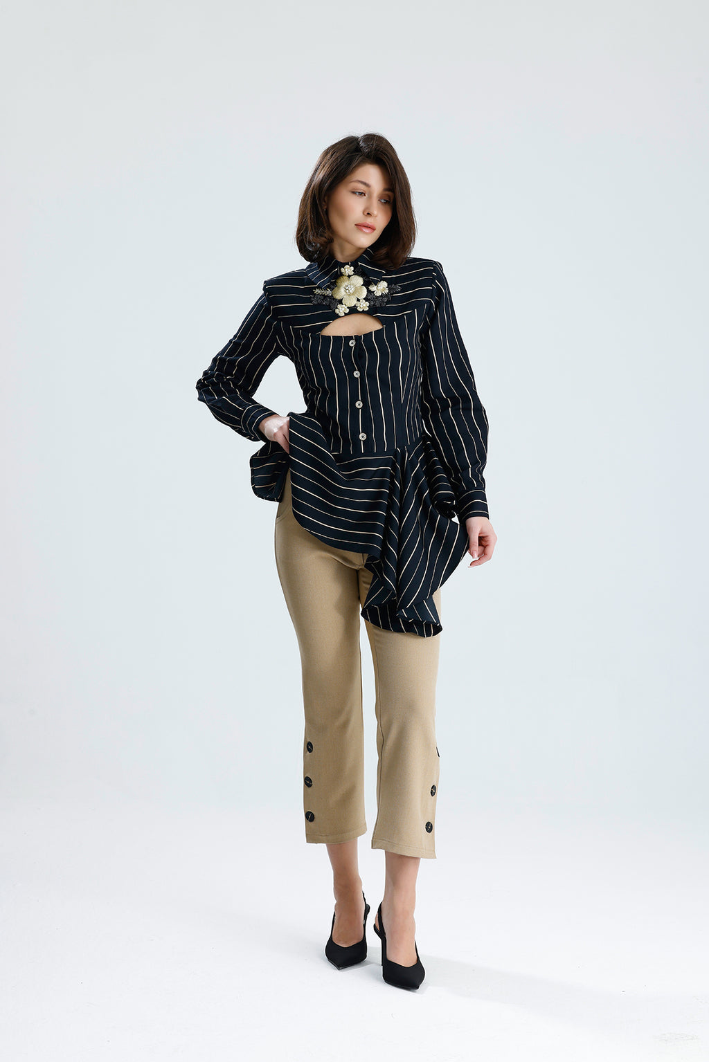 Embellished Cut-Out Striped Blouse
