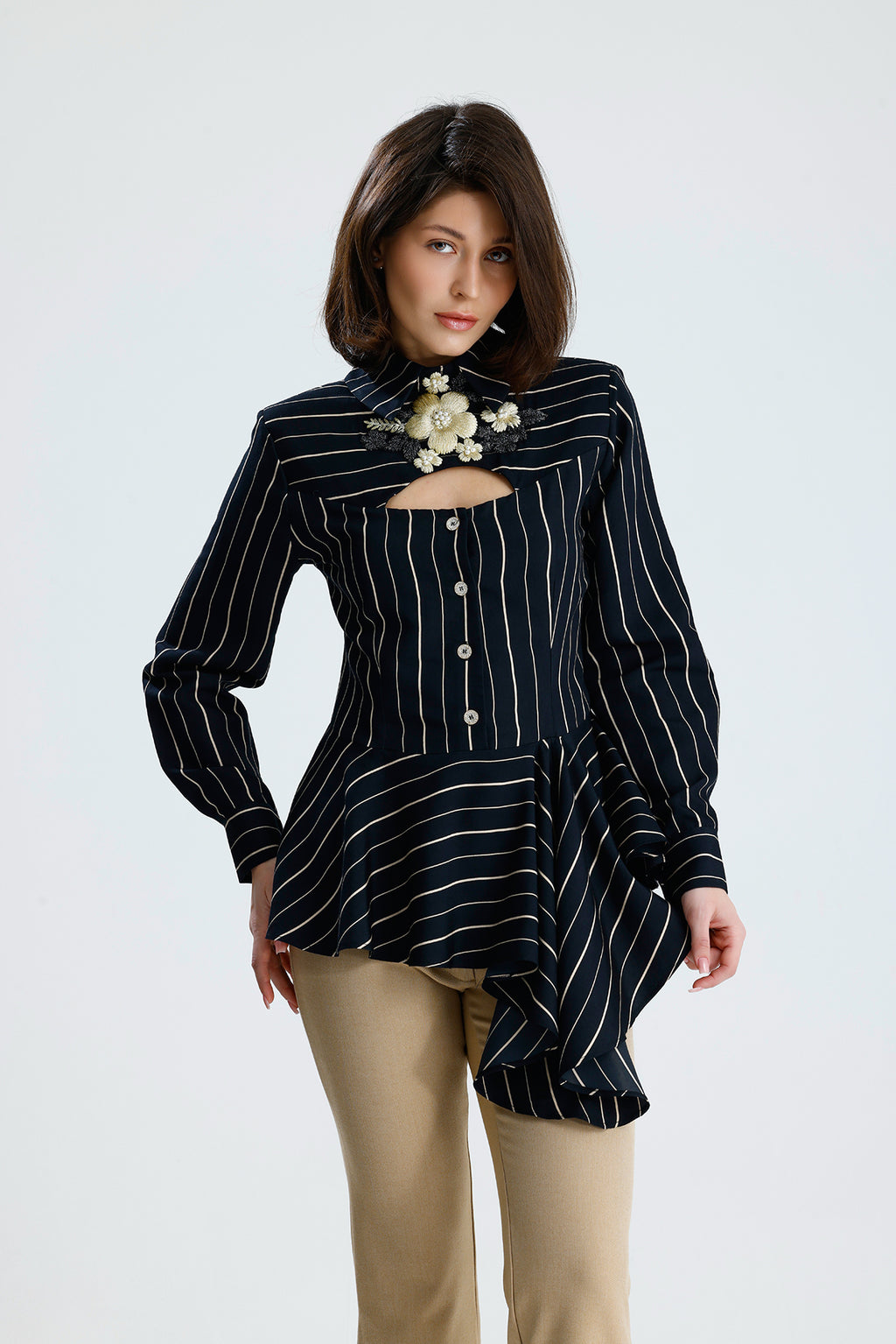 Embellished Cut-Out Striped Blouse