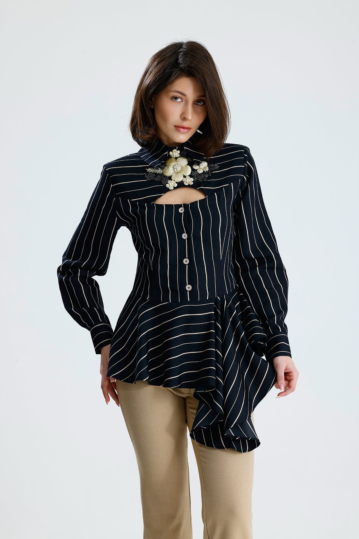 Embellished Cut-Out Striped Blouse