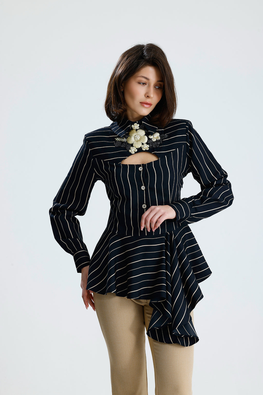 Embellished Cut-Out Striped Blouse