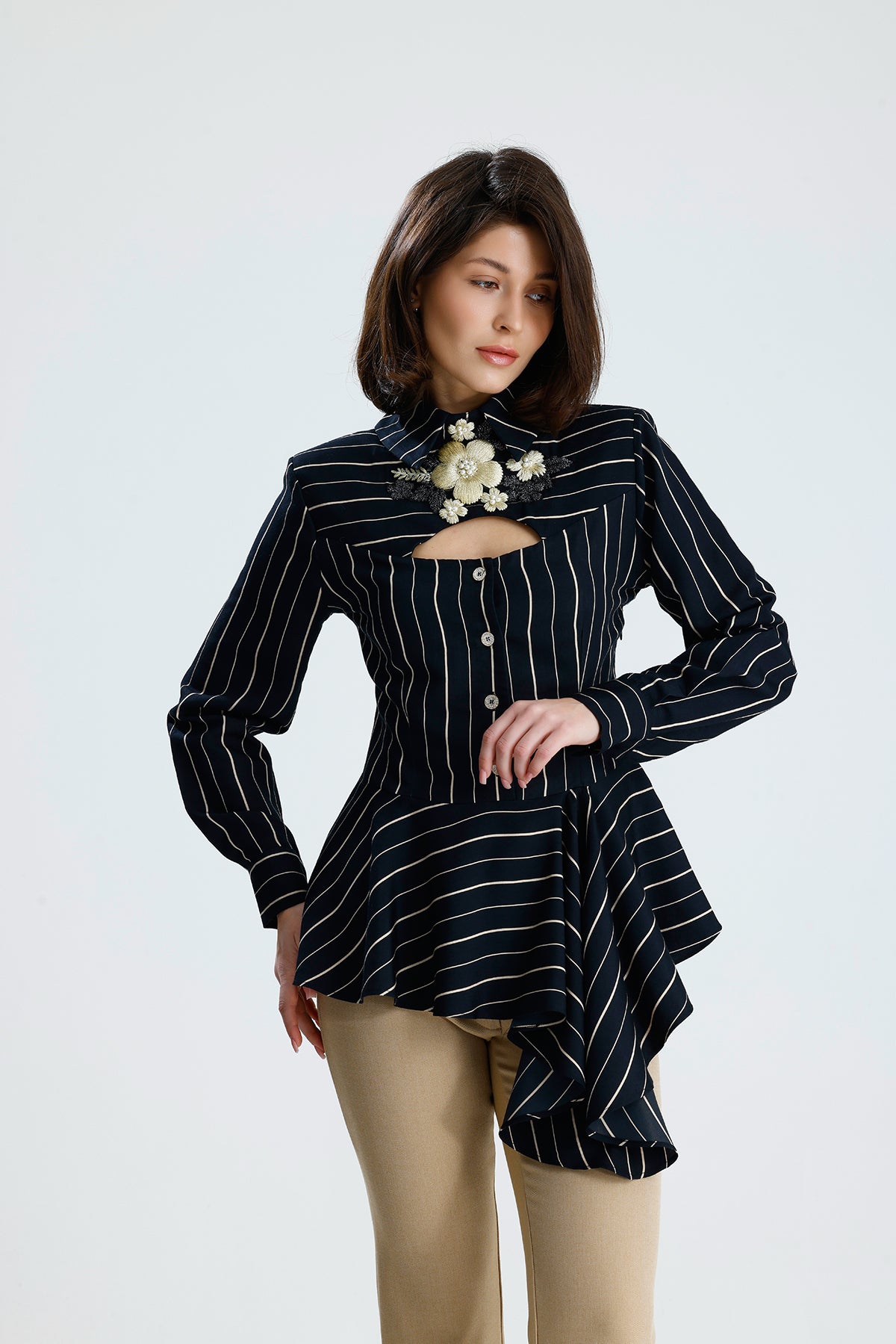 Embellished Cut-Out Striped Blouse