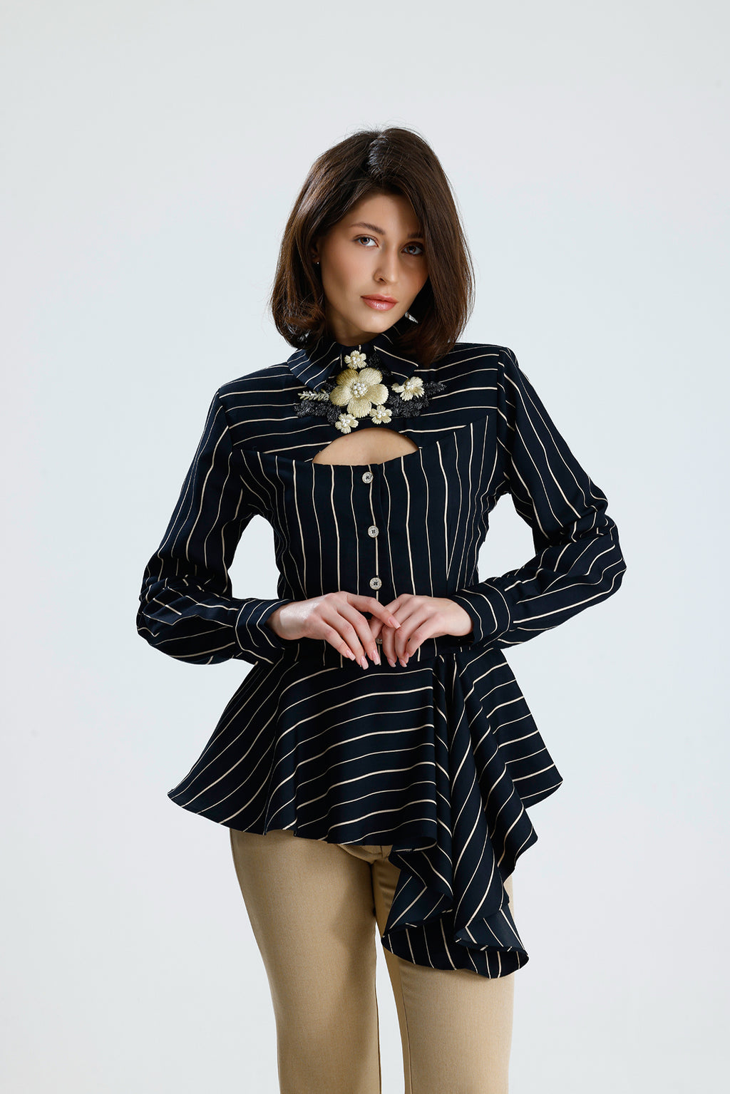 Embellished Cut-Out Striped Blouse
