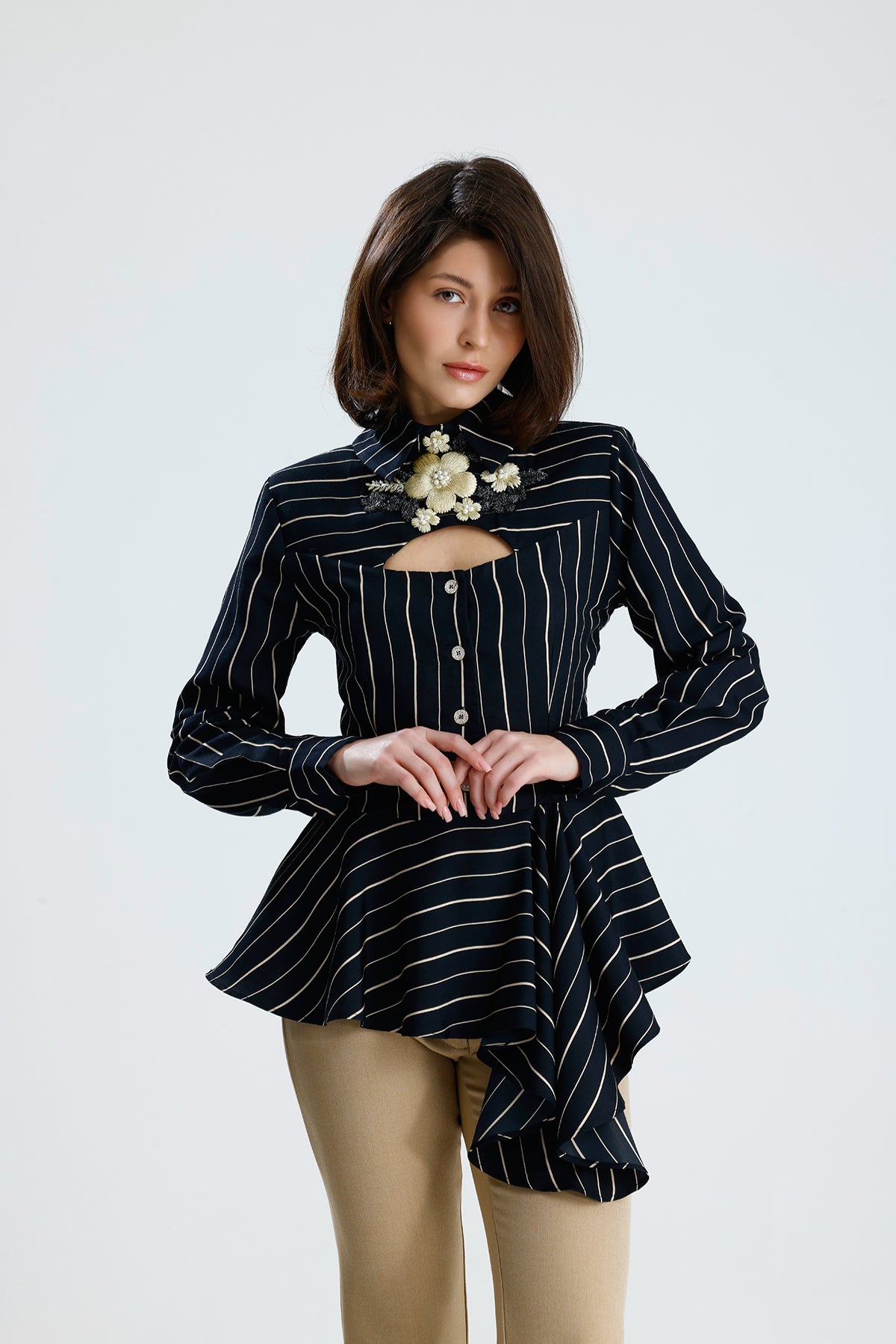 Embellished Cut-Out Striped Blouse