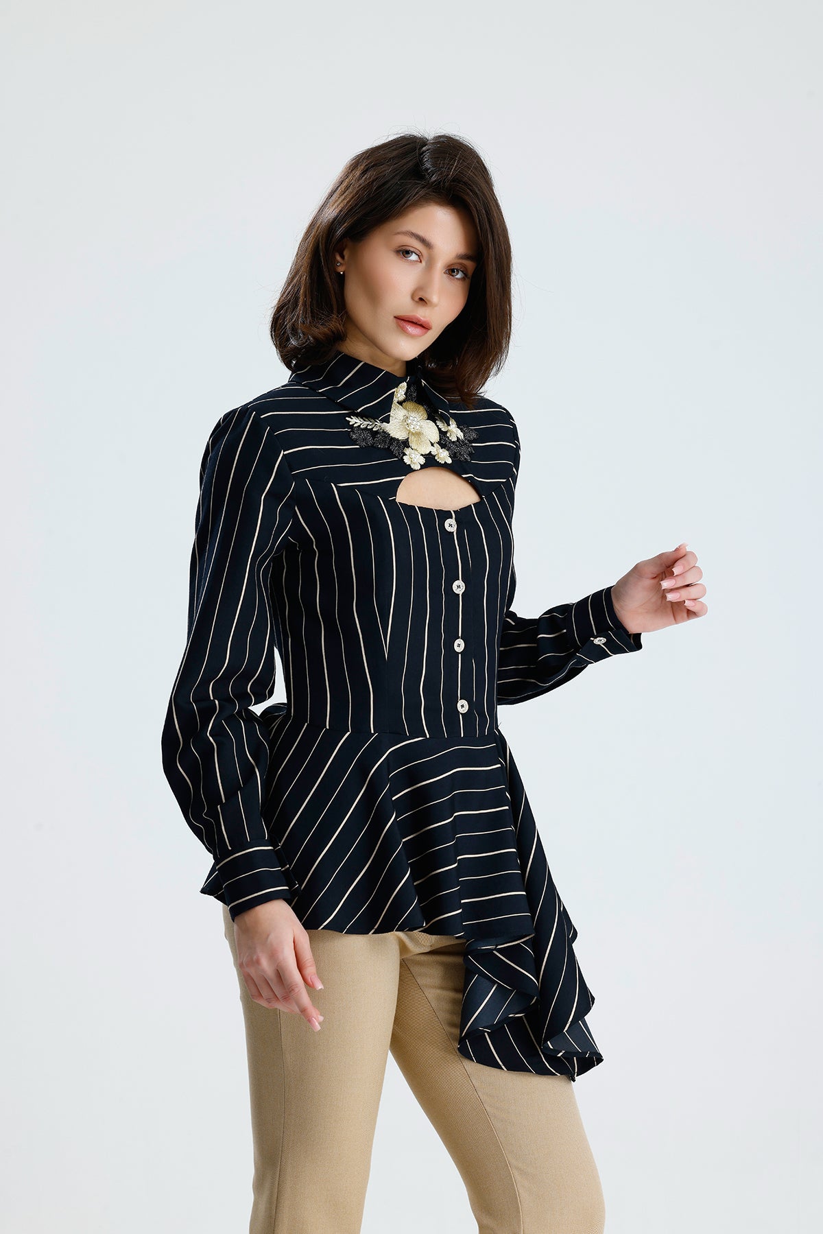 Embellished Cut-Out Striped Blouse