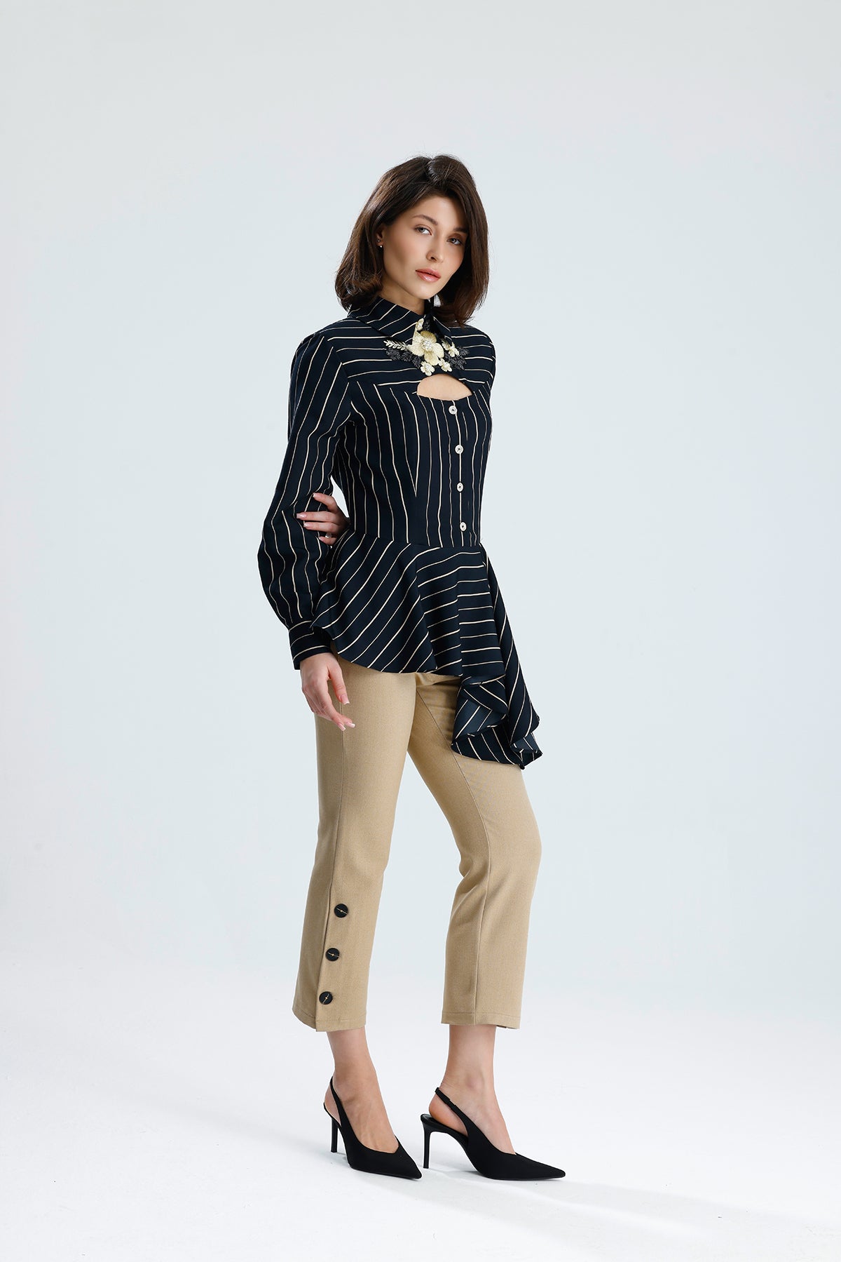 Embellished Cut-Out Striped Blouse