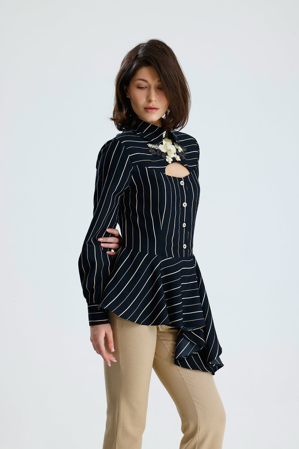 Embellished Cut-Out Striped Blouse