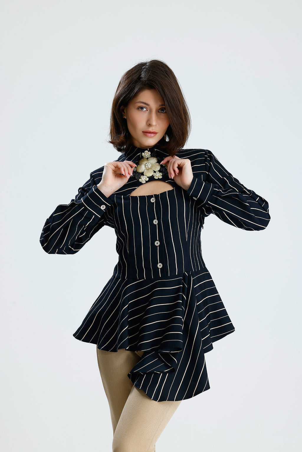 Embellished Cut-Out Striped Blouse