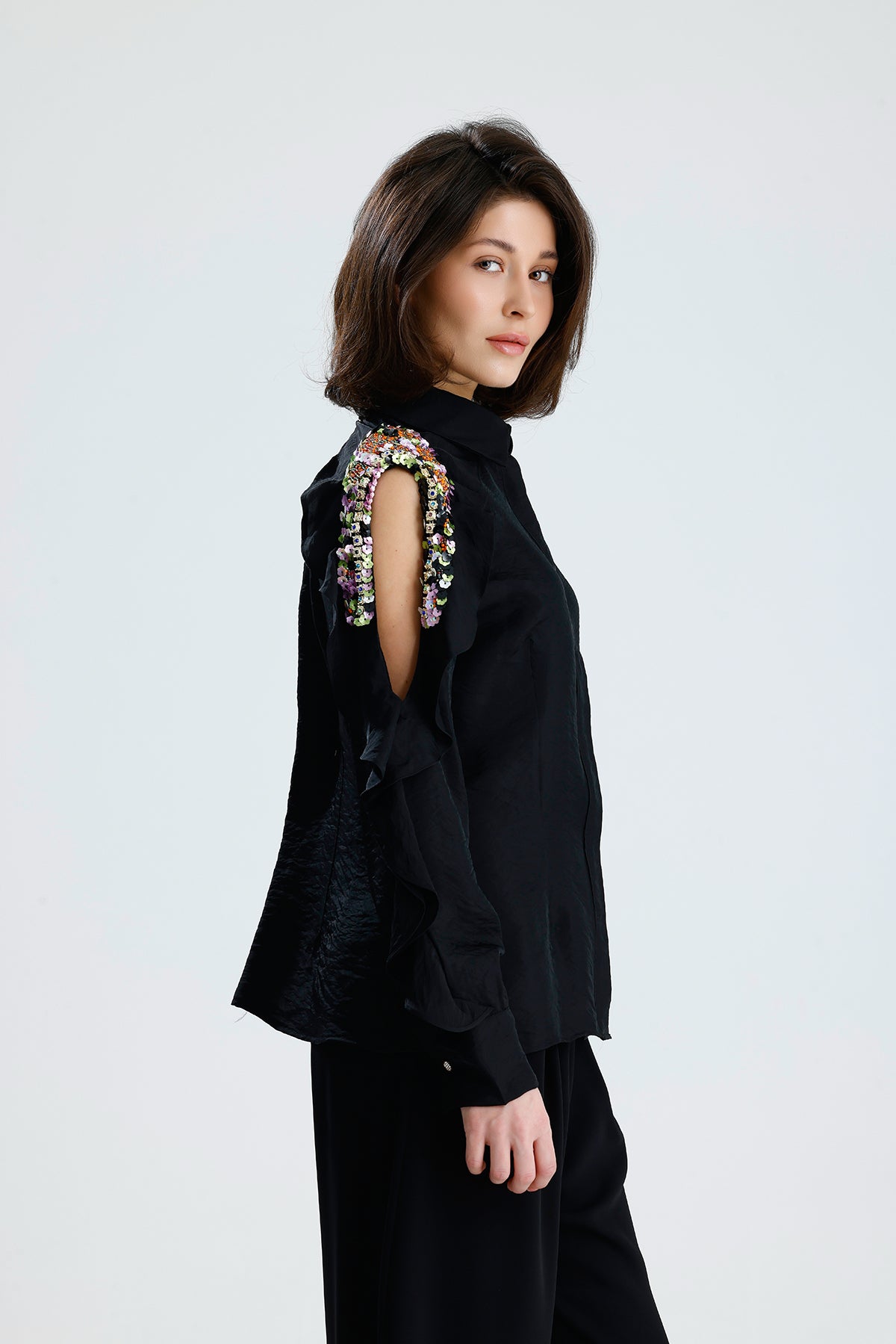 Black Embellished Cold-Shoulder Blouse