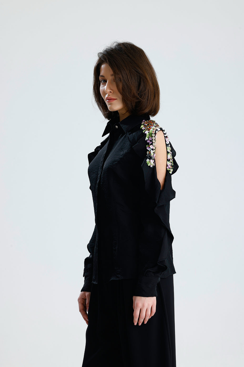 Black Embellished Cold-Shoulder Blouse