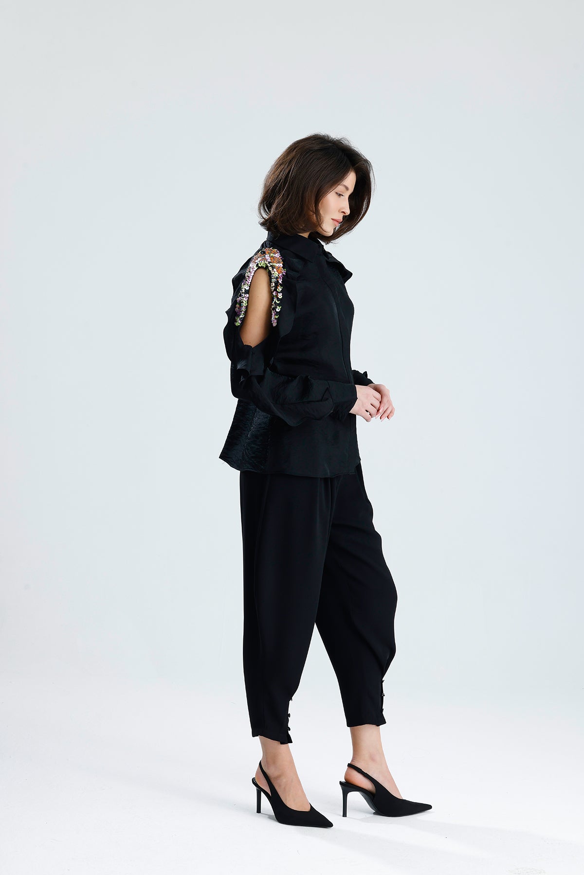 Black Embellished Cold-Shoulder Blouse