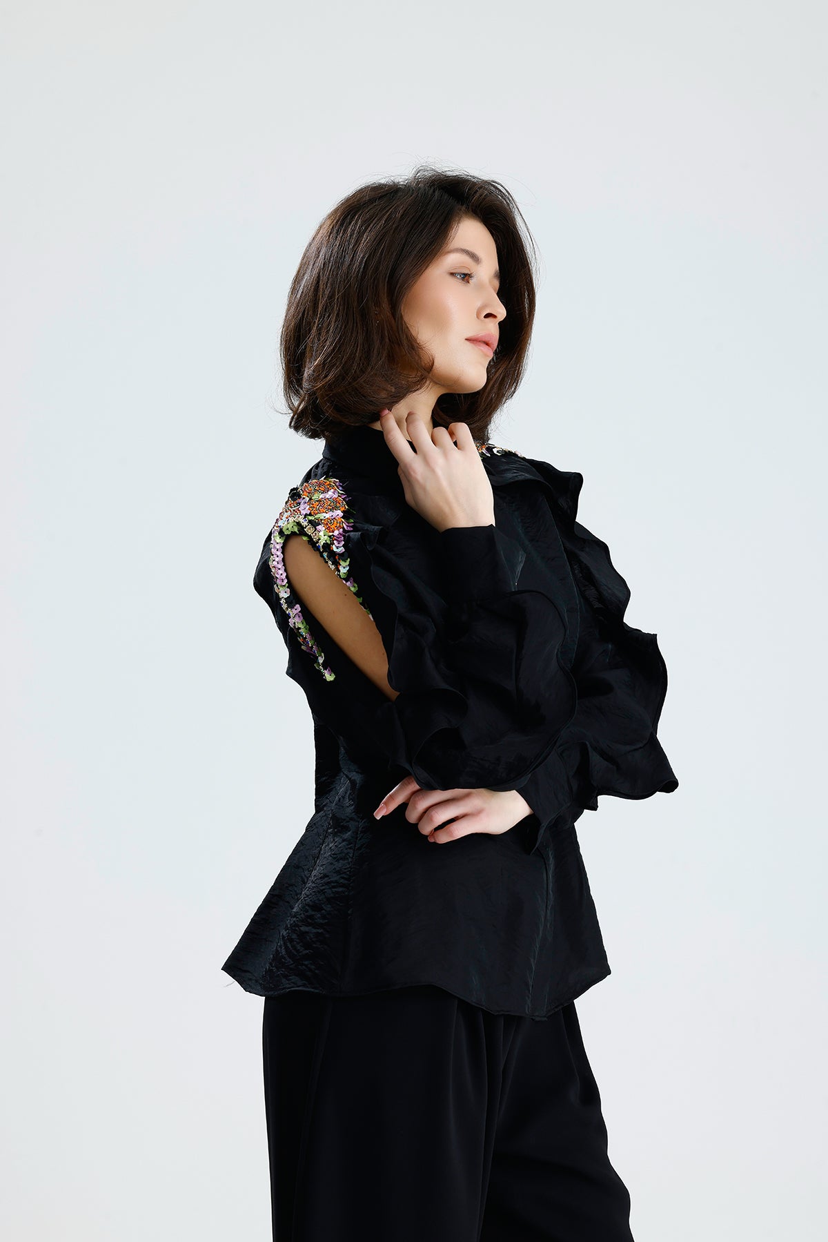 Black Embellished Cold-Shoulder Blouse