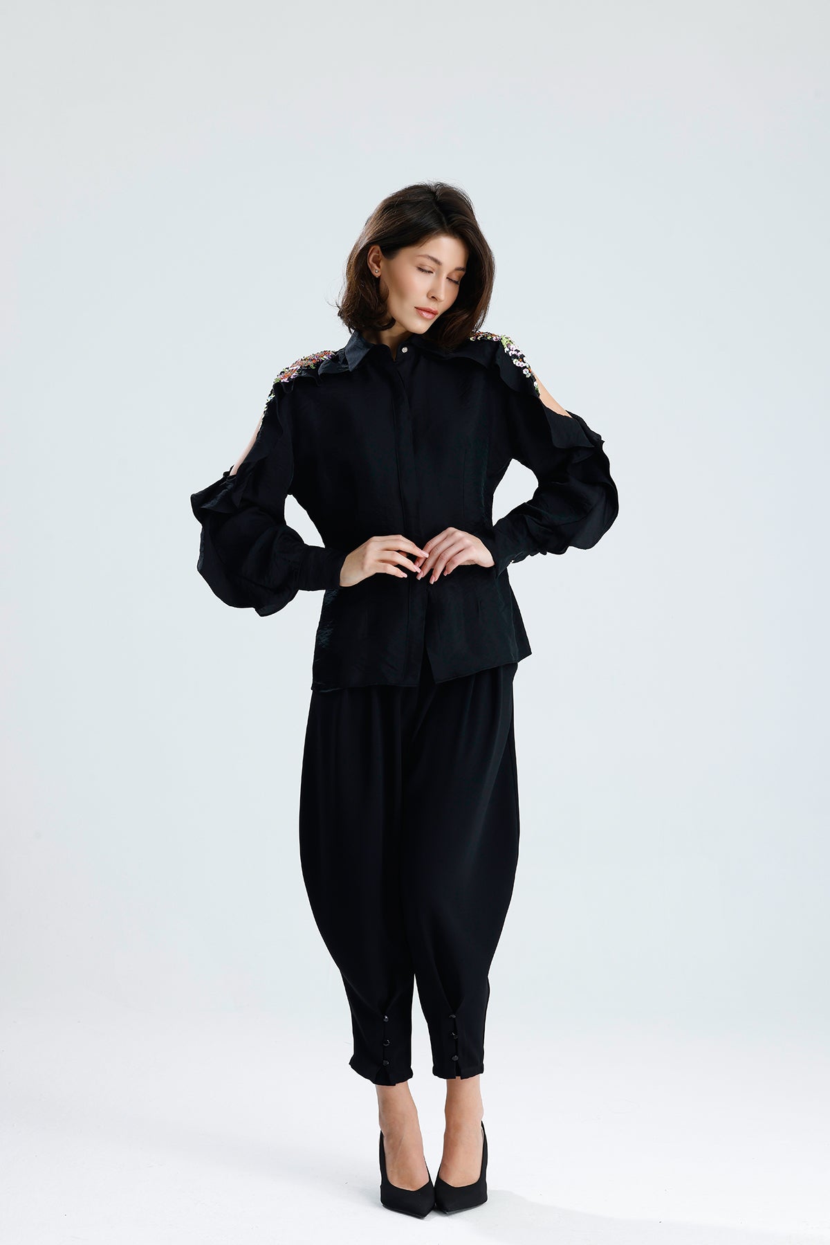 Black Embellished Cold-Shoulder Blouse