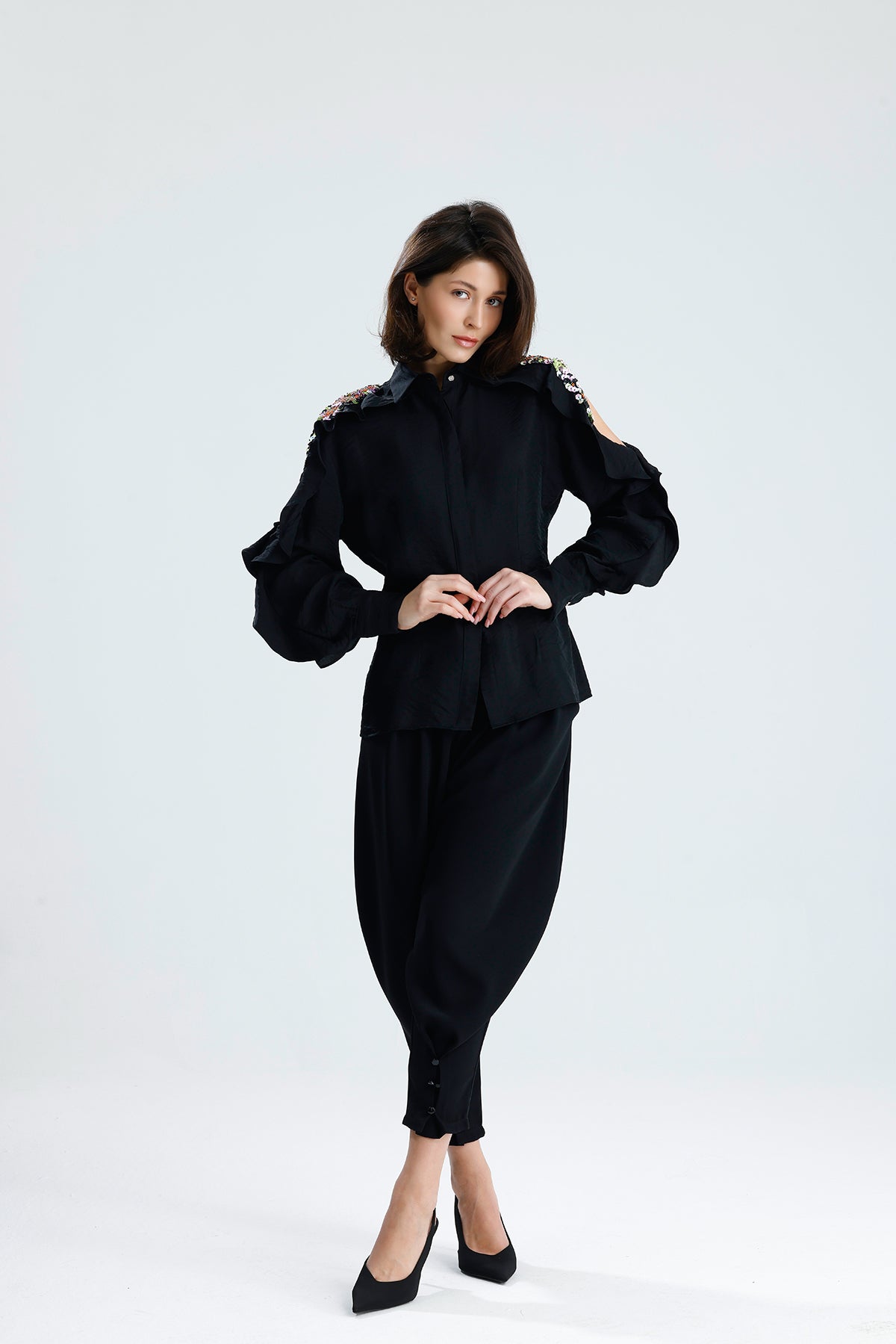Black Embellished Cold-Shoulder Blouse