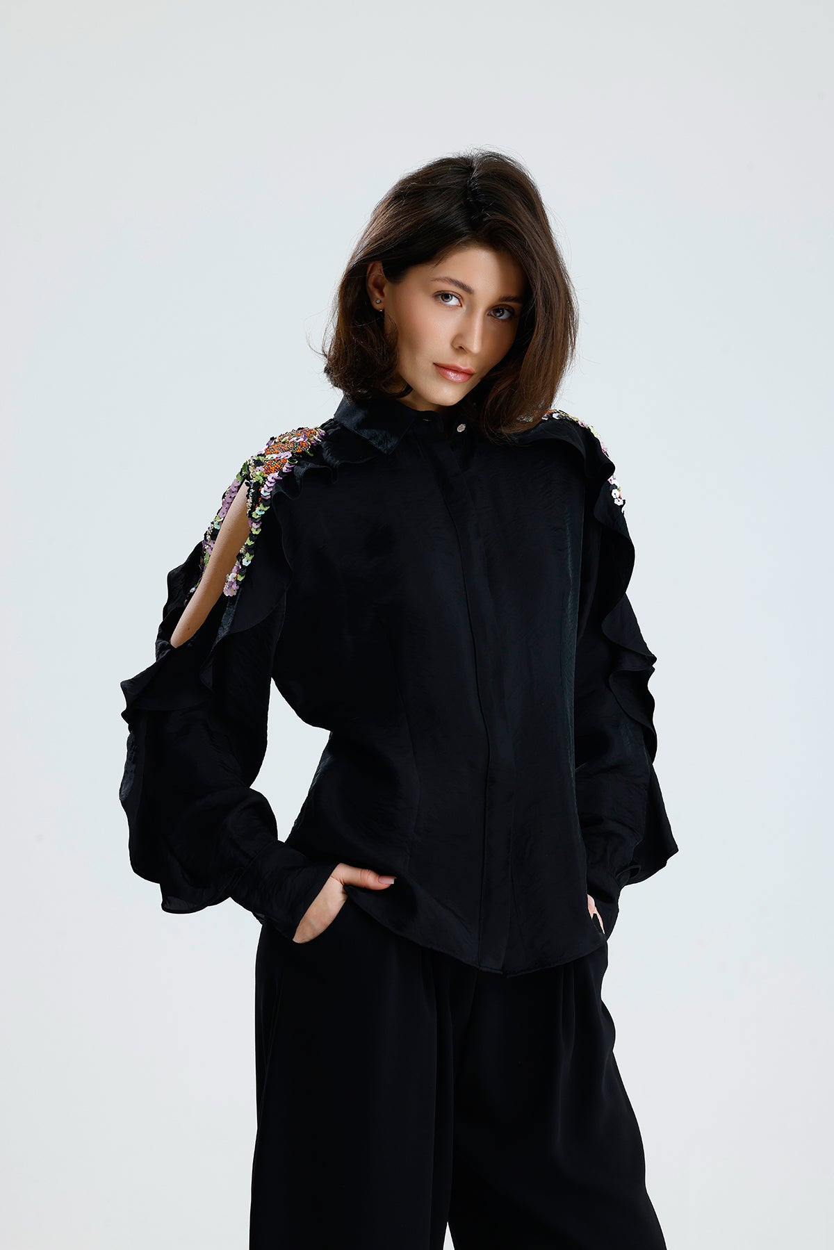 Black Embellished Cold-Shoulder Blouse