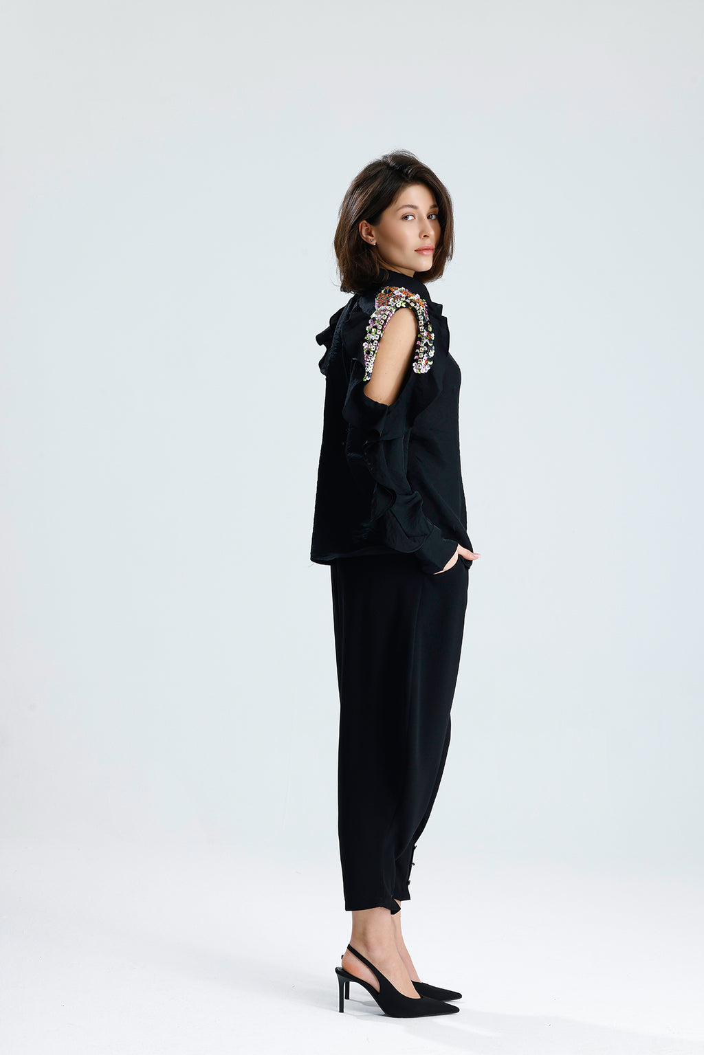 Black Embellished Cold-Shoulder Blouse