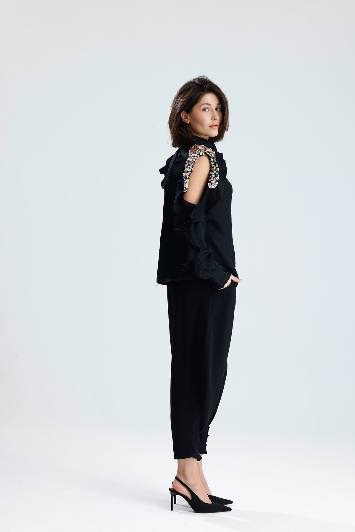 Black Embellished Cold-Shoulder Blouse