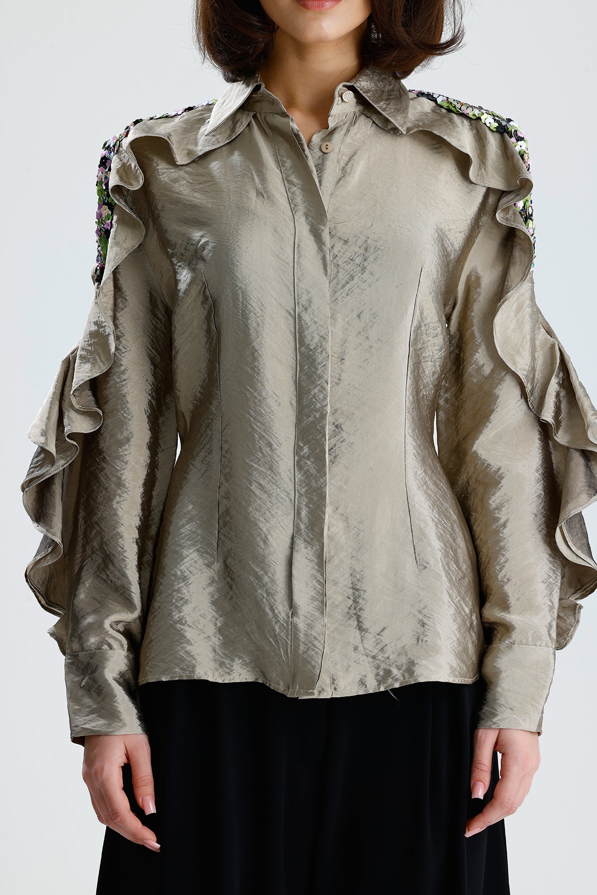 Champagne Embellished Cold-Shoulder Blouse