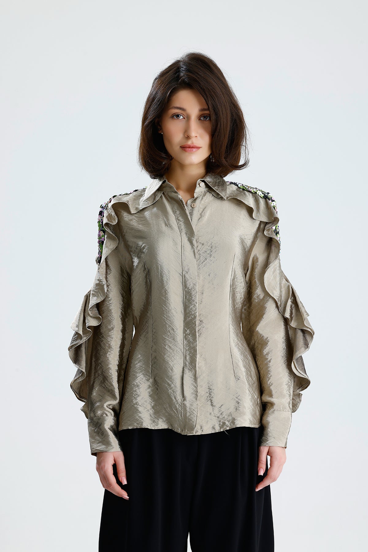 Champagne Embellished Cold-Shoulder Blouse