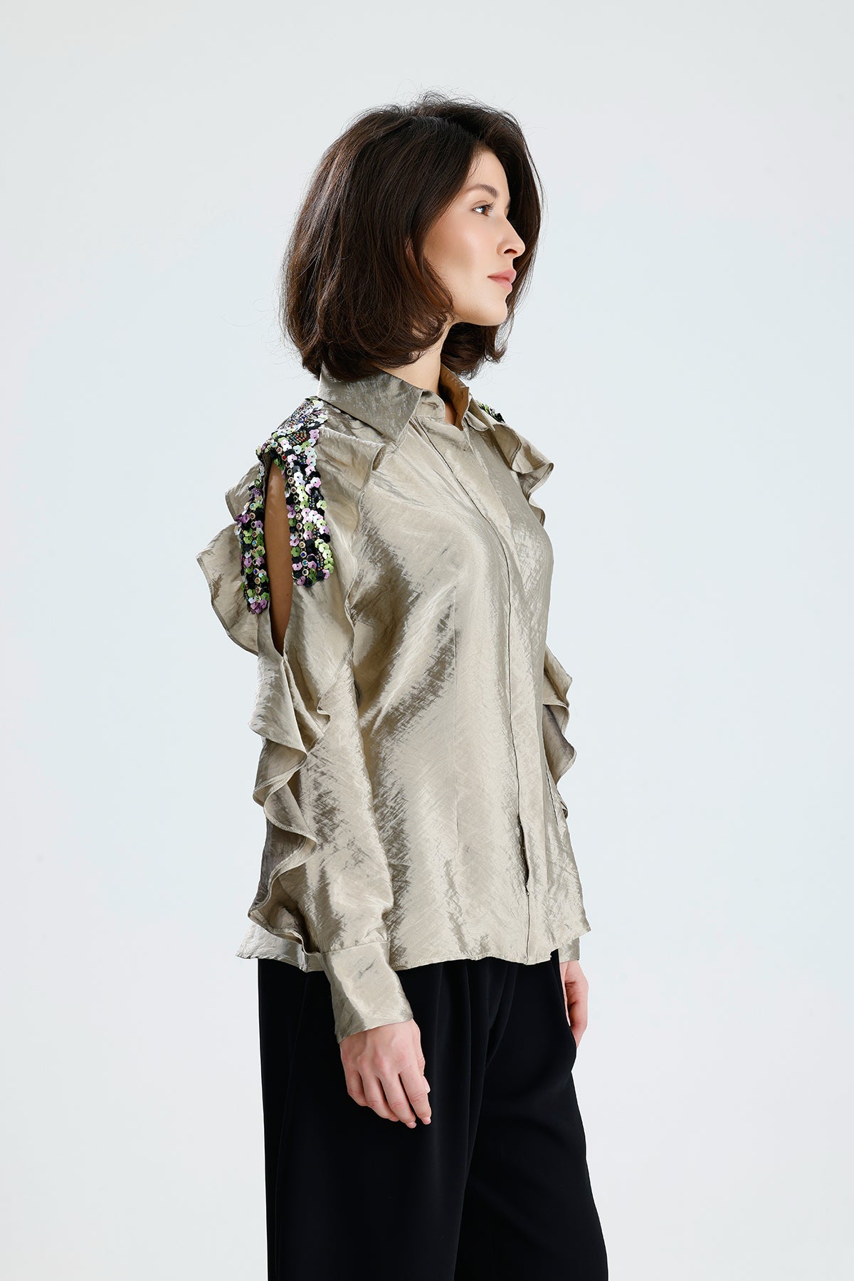 Champagne Embellished Cold-Shoulder Blouse