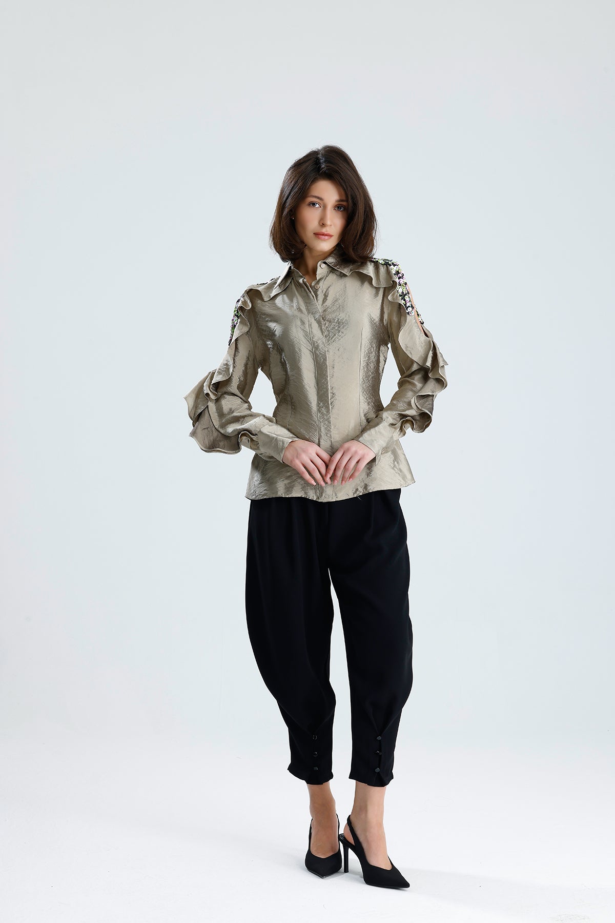 Champagne Embellished Cold-Shoulder Blouse