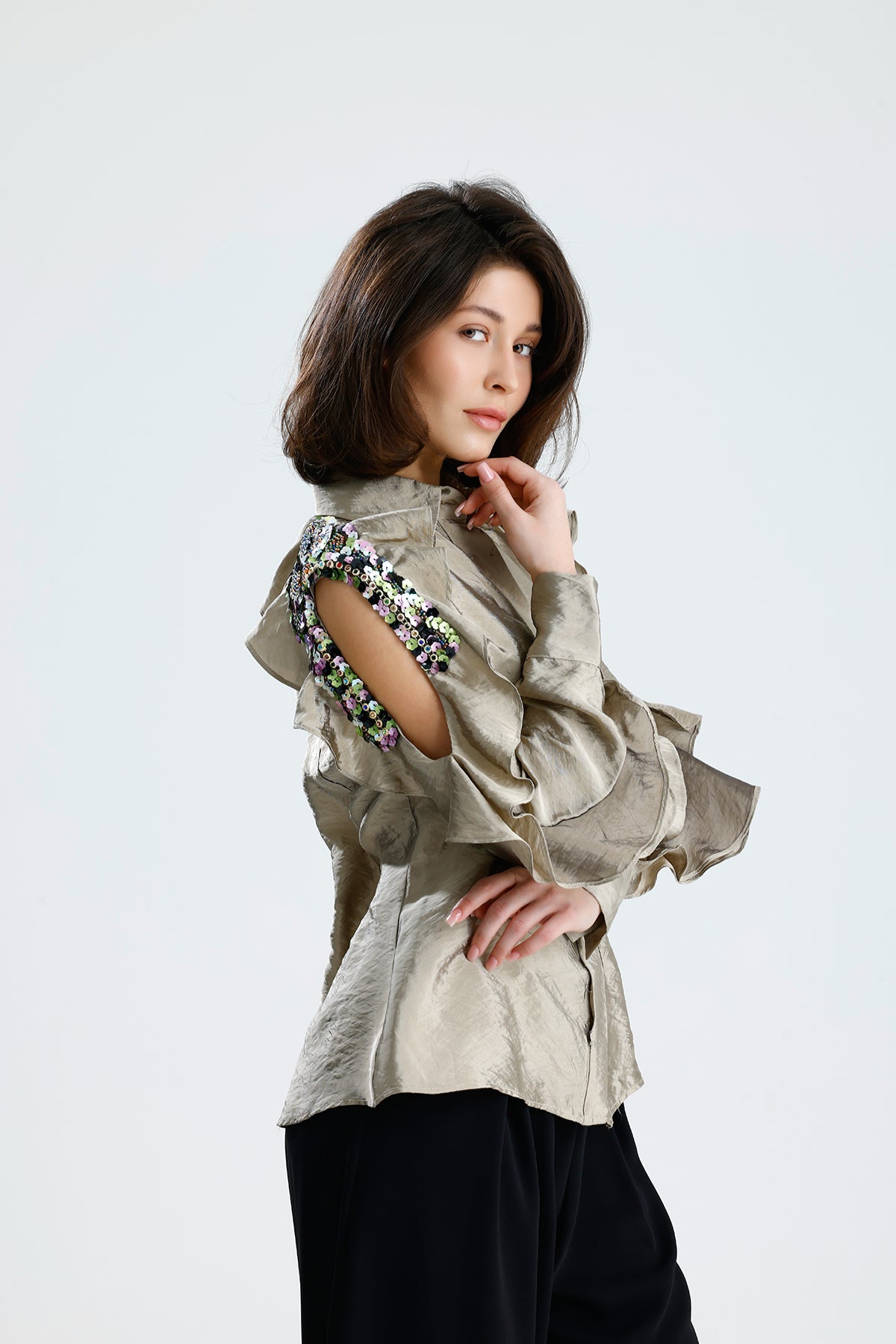 Champagne Embellished Cold-Shoulder Blouse