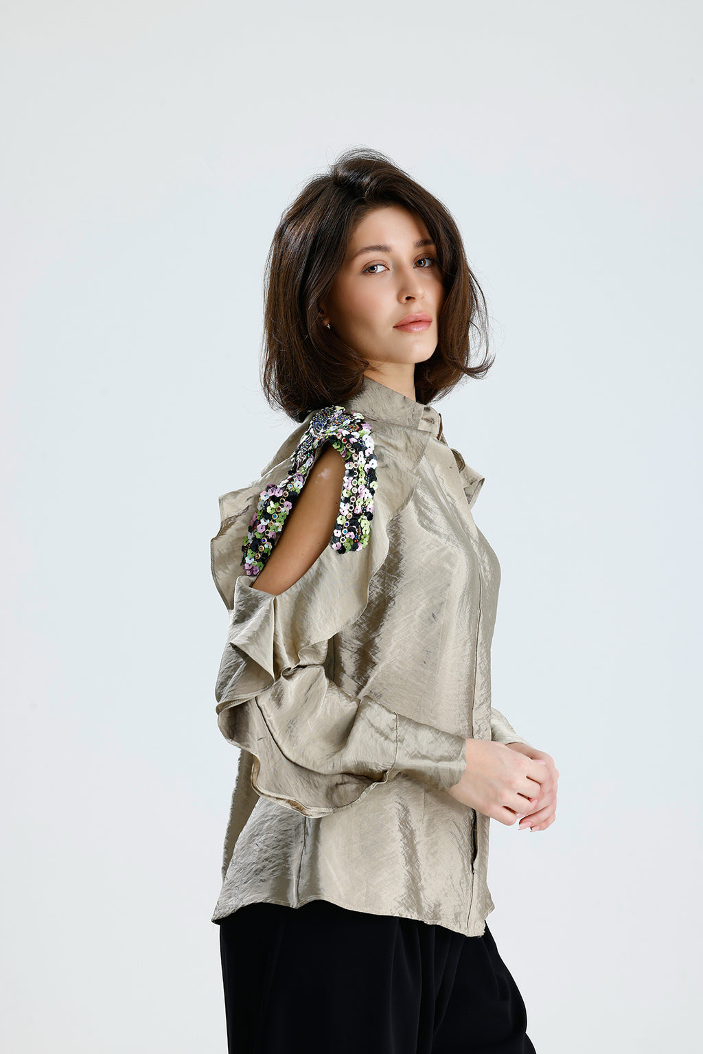 Champagne Embellished Cold-Shoulder Blouse