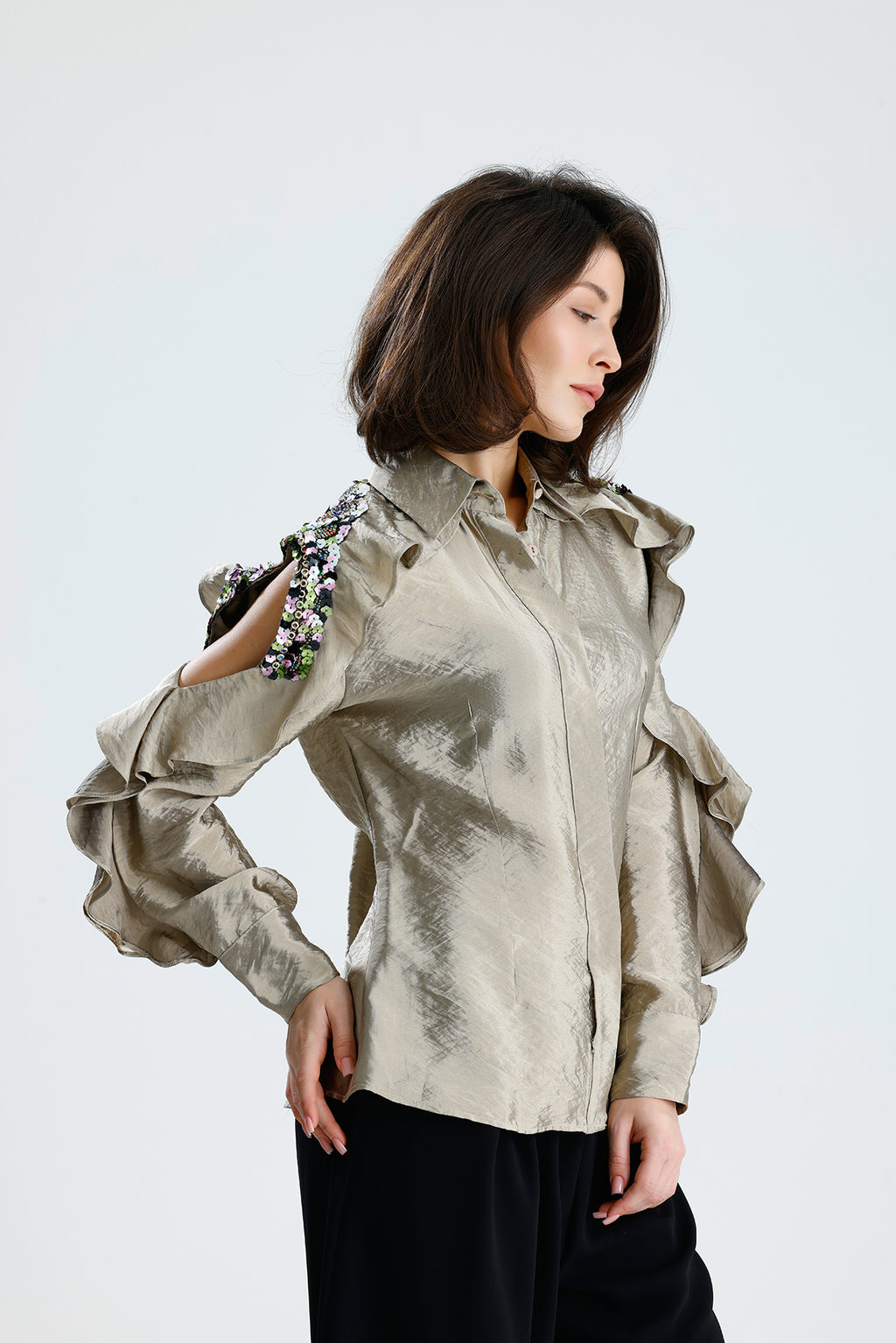 Champagne Embellished Cold-Shoulder Blouse