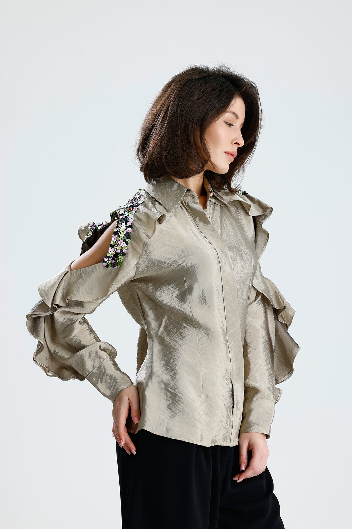 Champagne Embellished Cold-Shoulder Blouse