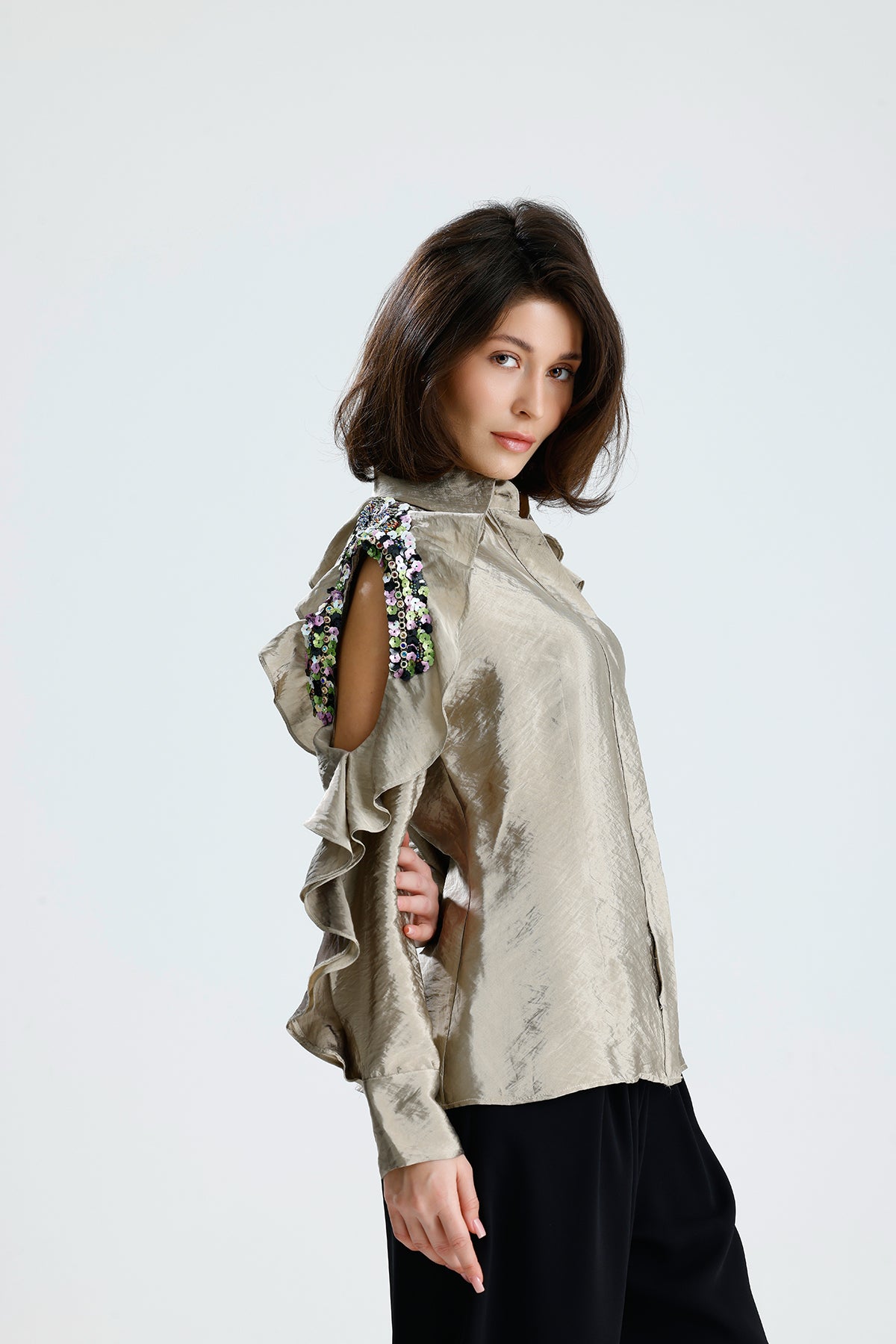 Champagne Embellished Cold-Shoulder Blouse