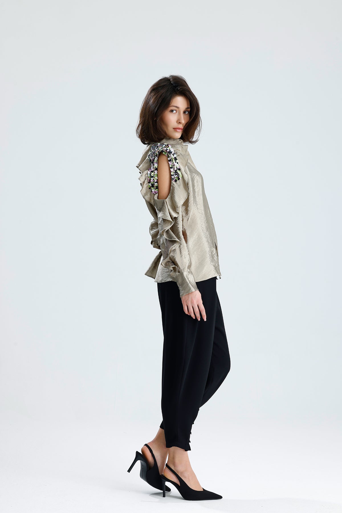 Champagne Embellished Cold-Shoulder Blouse