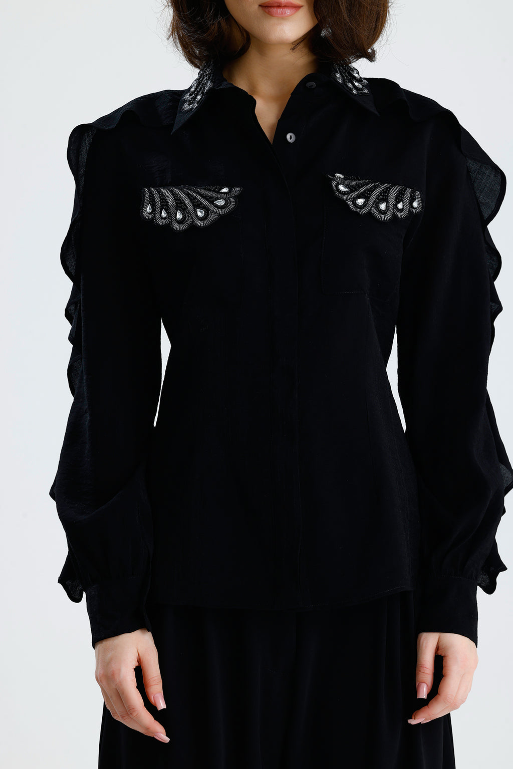 Embellished Ruffle Sleeve Blouse