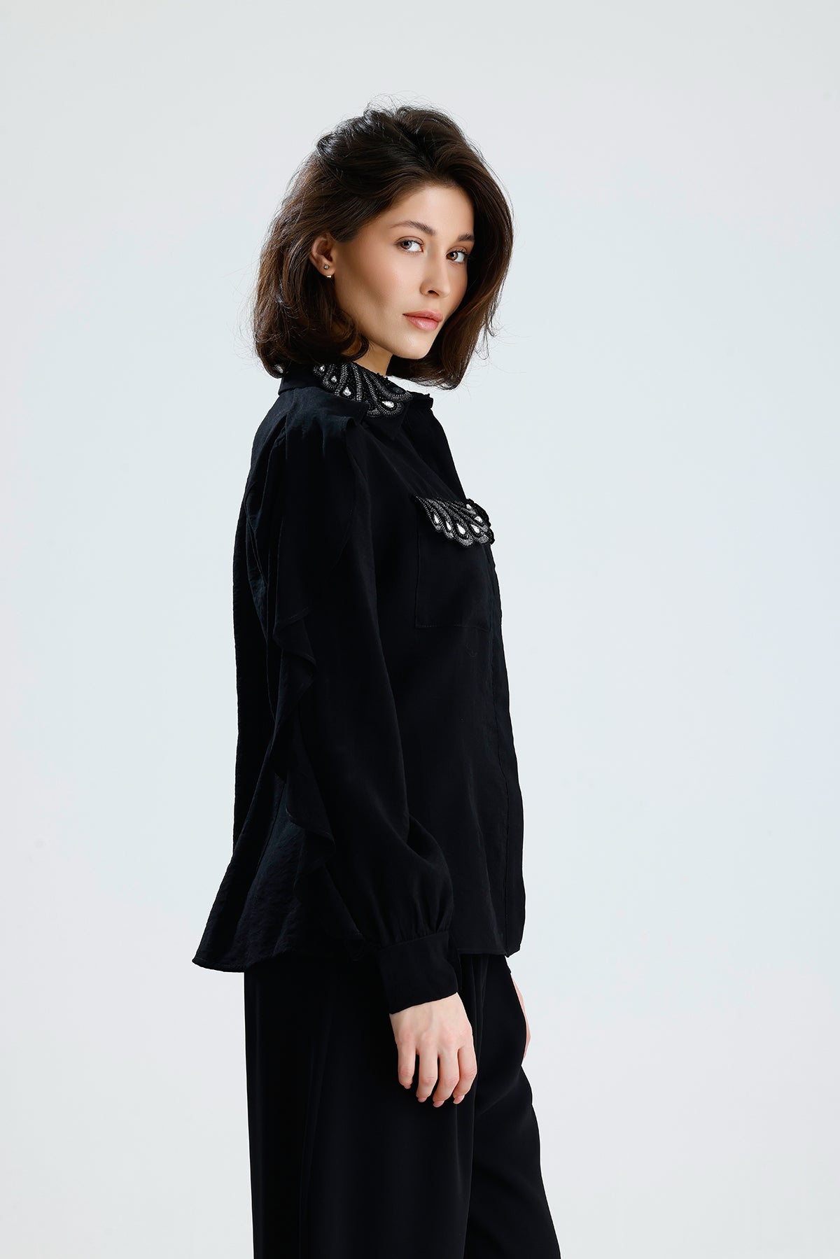 Embellished Ruffle Sleeve Blouse