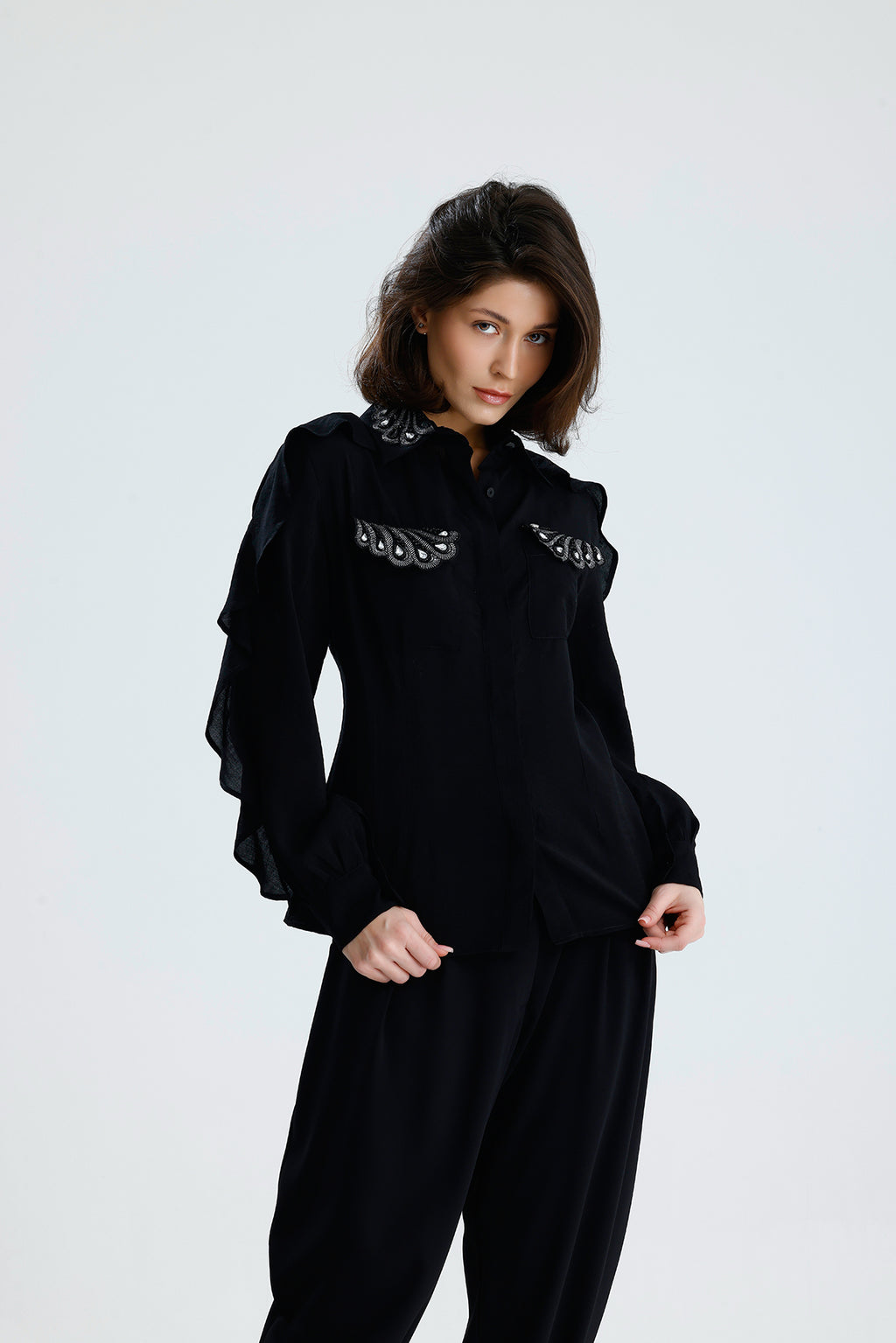 Embellished Ruffle Sleeve Blouse