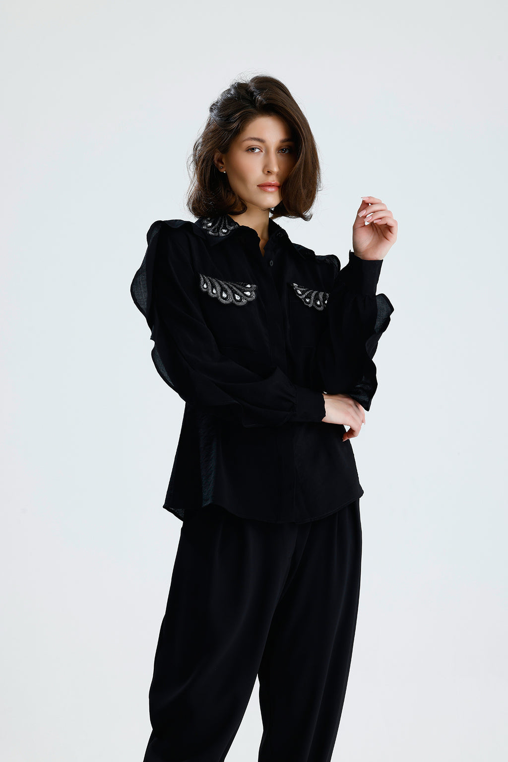 Embellished Ruffle Sleeve Blouse