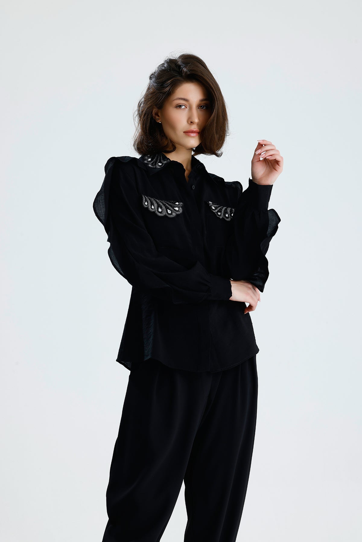 Embellished Ruffle Sleeve Blouse