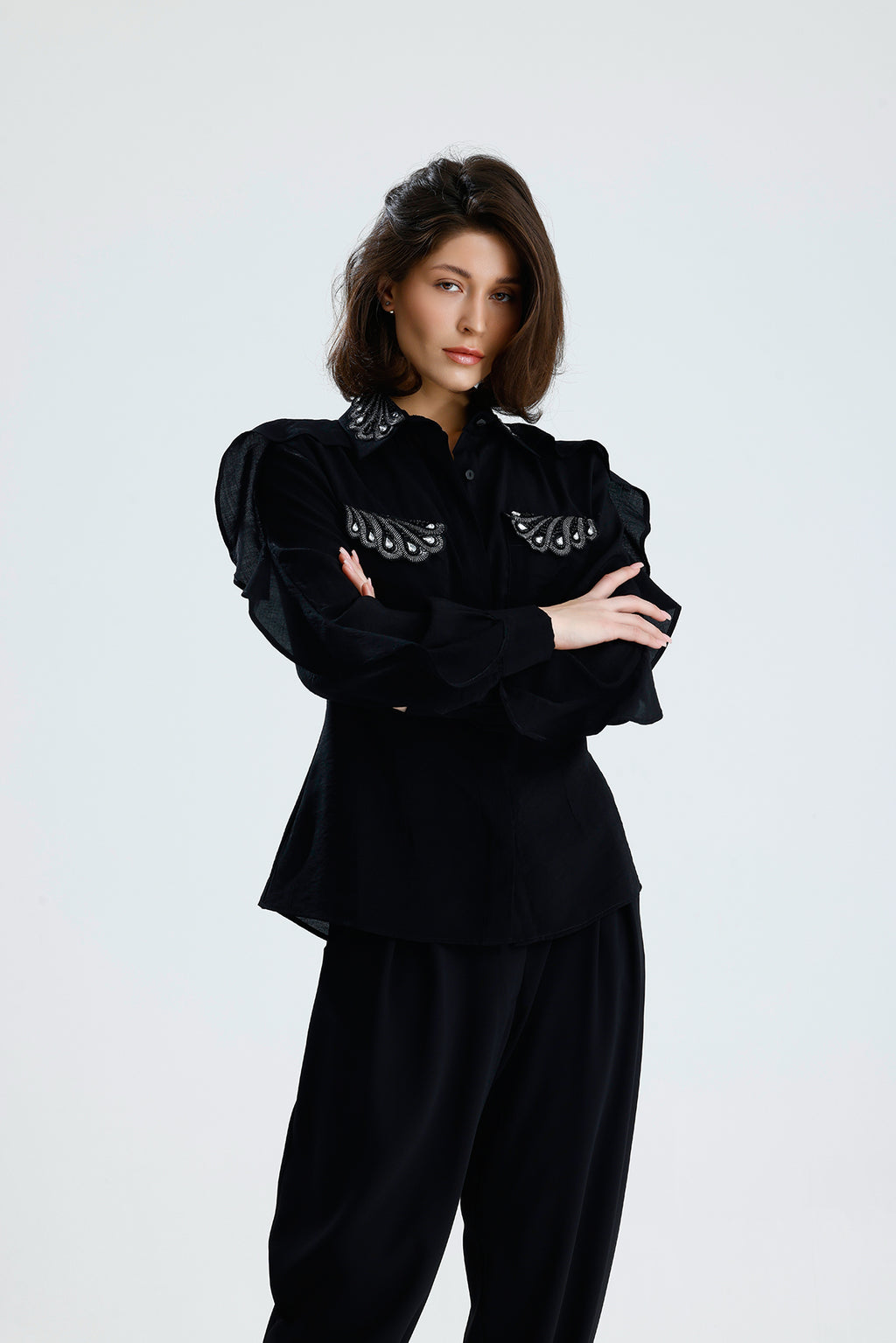 Embellished Ruffle Sleeve Blouse
