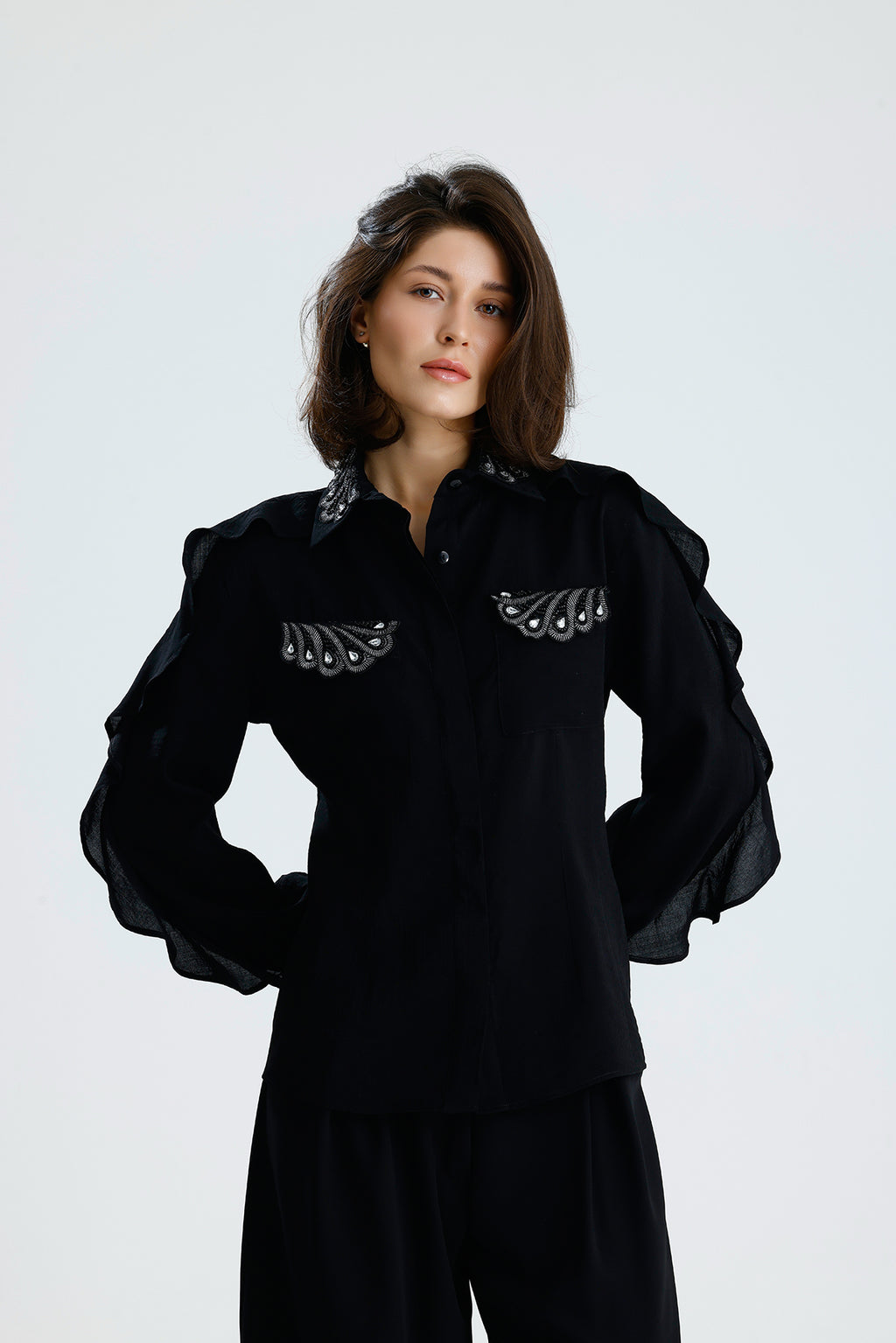 Embellished Ruffle Sleeve Blouse