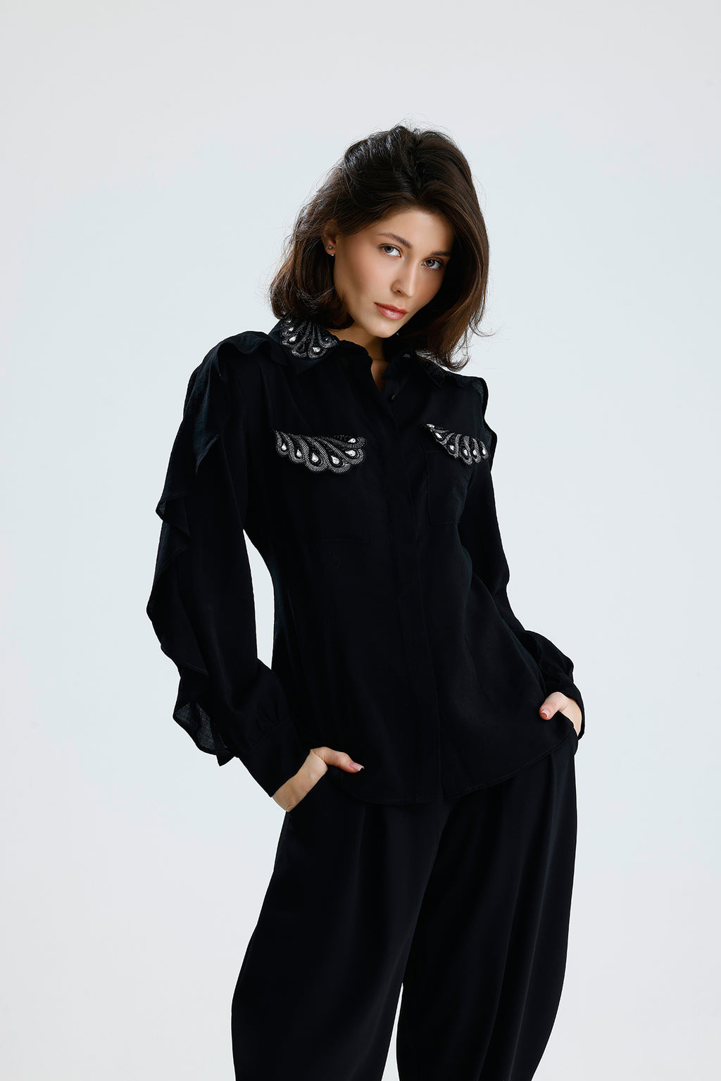 Embellished Ruffle Sleeve Blouse