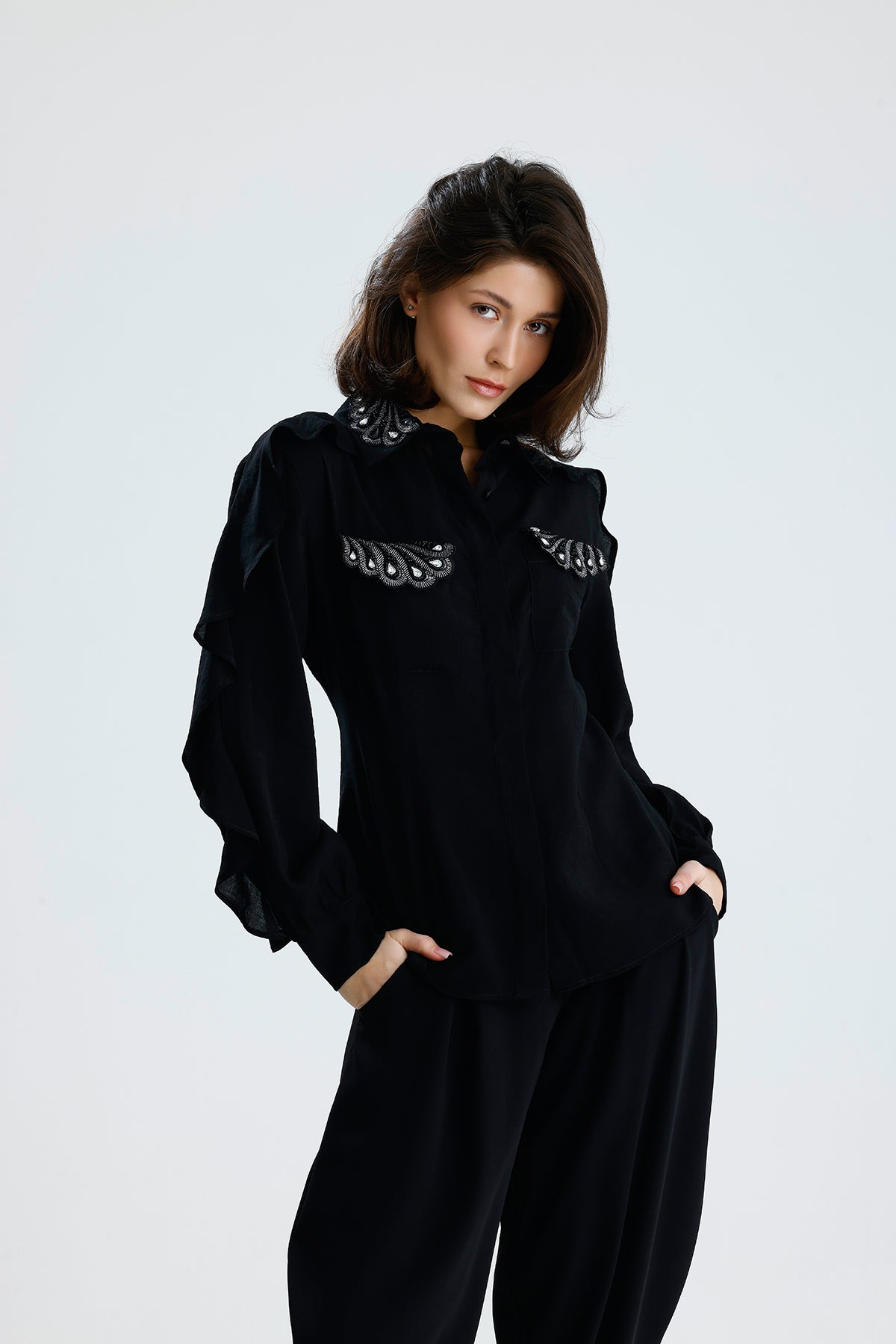 Embellished Ruffle Sleeve Blouse