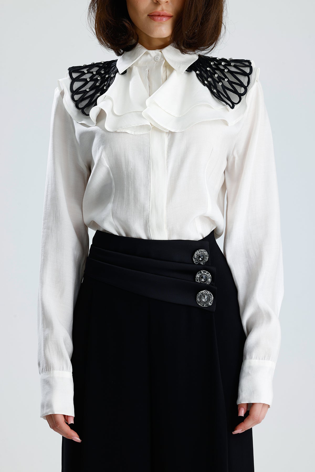 White Embellished Collar Ruffle Blouse