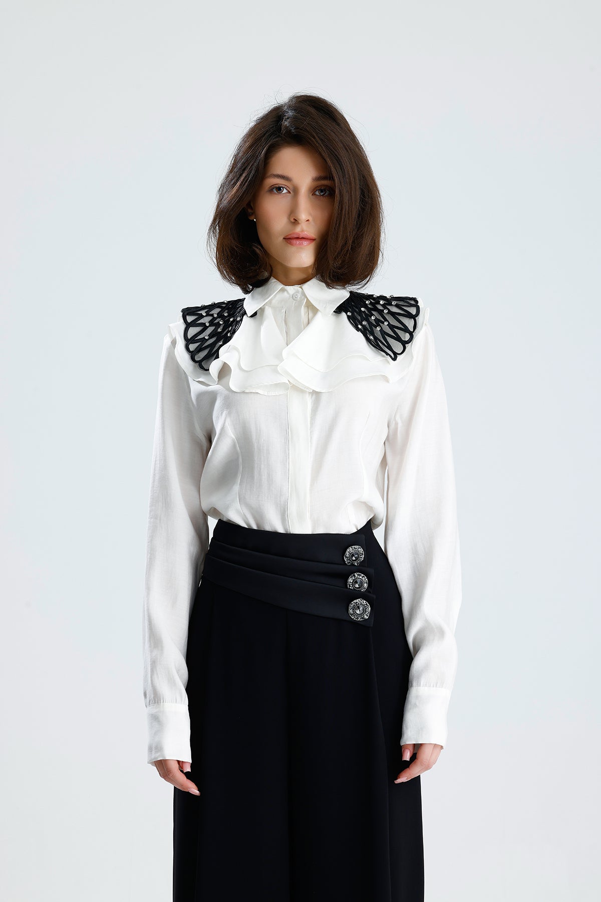 White Embellished Collar Ruffle Blouse