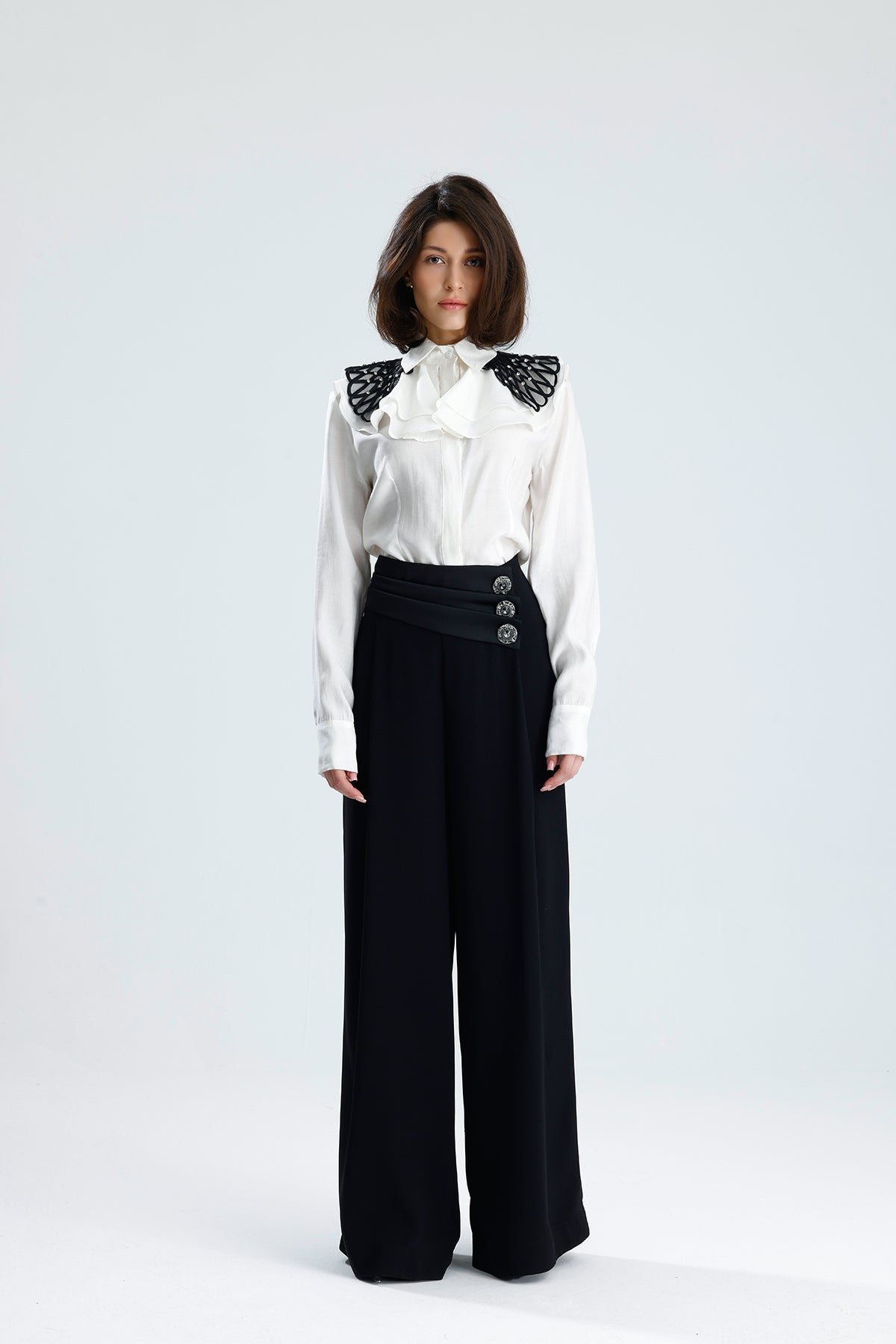 White Embellished Collar Ruffle Blouse