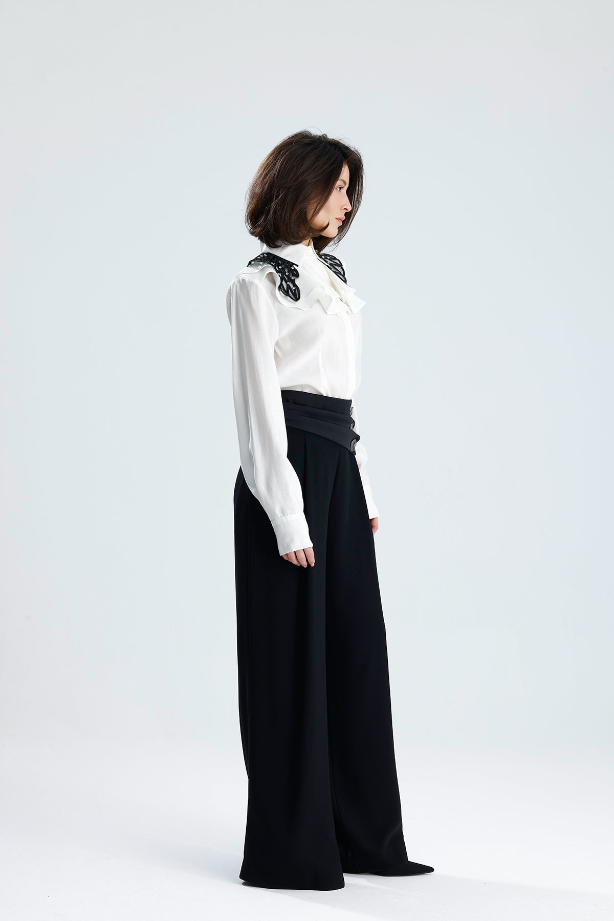 White Embellished Collar Ruffle Blouse