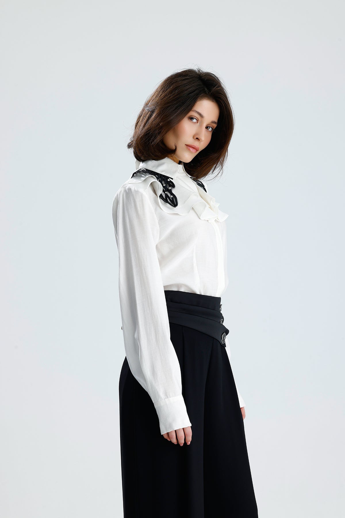 White Embellished Collar Ruffle Blouse